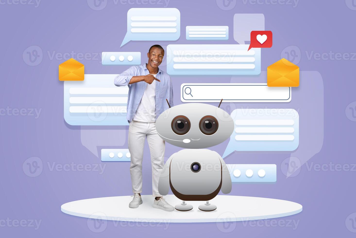 A man stands beside a friendly AI robot, showcasing how artificial intelligence integrates into daily life. They are surrounded by chat bubbles, highlighting communication and assistance. photo