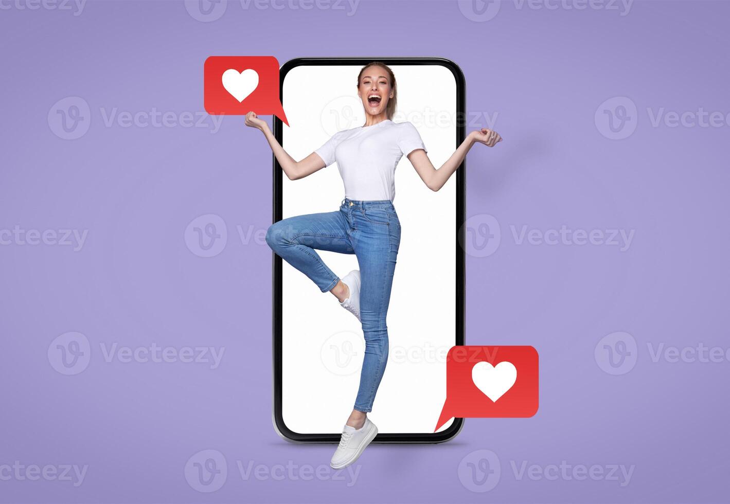 A person joyfully celebrates while interacting with a smartphone, surrounded by love-themed message notifications. The vibrant background highlights the connection to social media and dating. photo