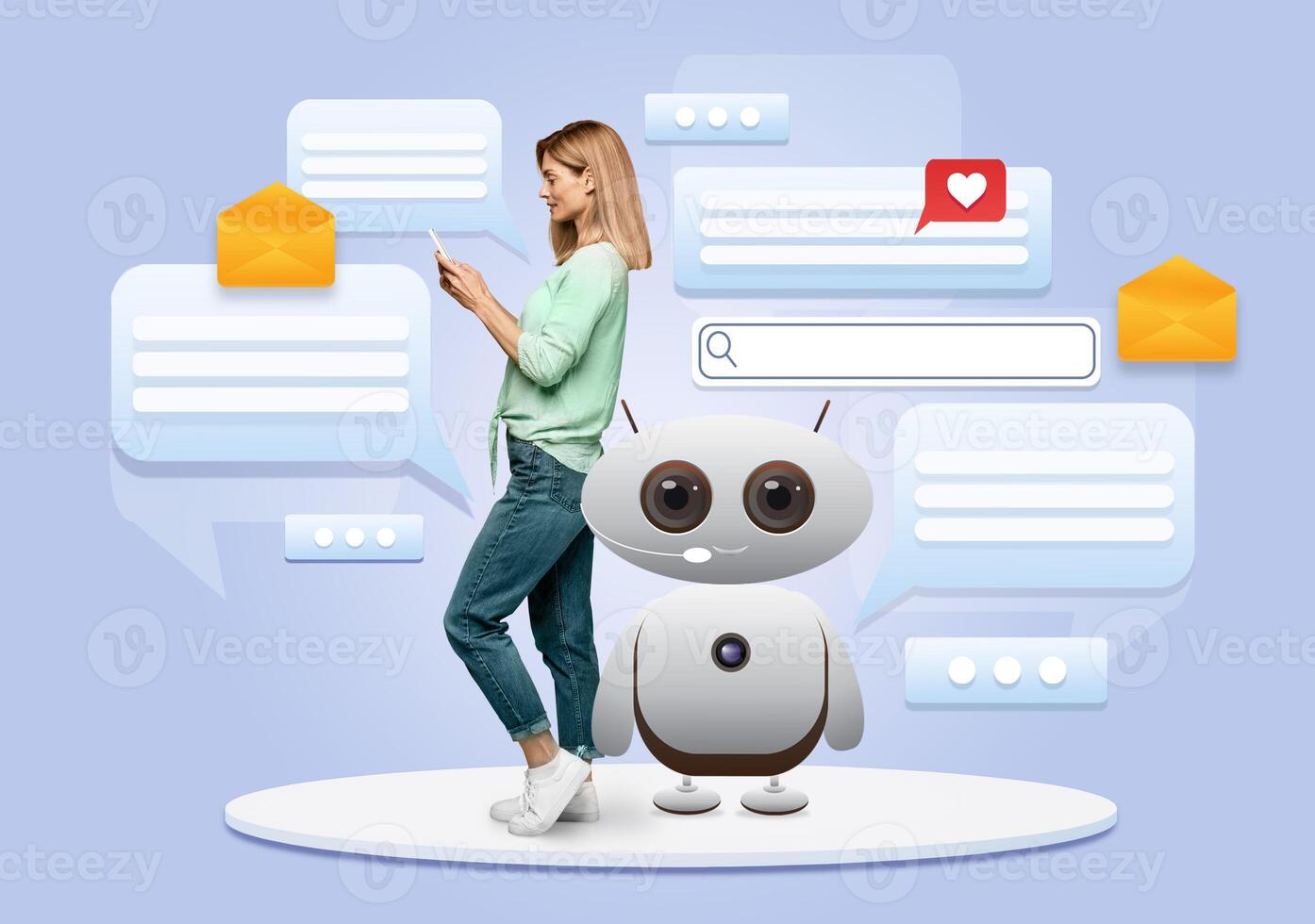 A woman interacts with a virtual assistant while messaging on a device. The background features chat bubbles and envelopes highlighting the AI's role in facilitating communication. photo