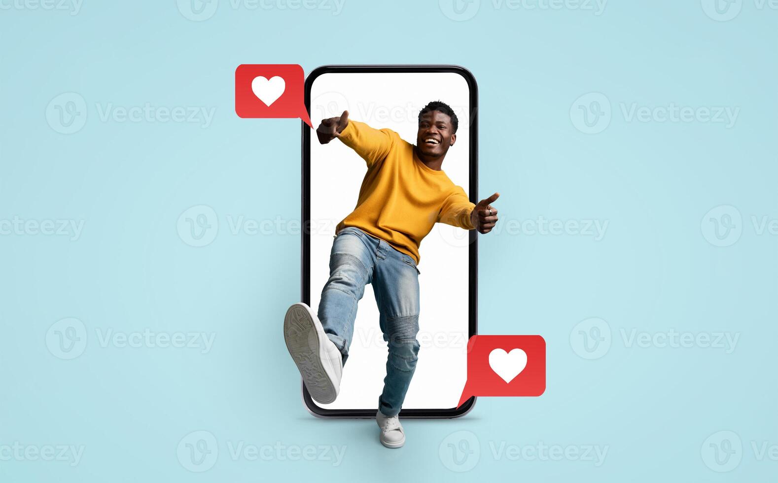 A young person wearing a bright sweater interacts with a smartphone, showcasing heart emojis symbolizing love and connection. The vibrant colors highlight the joy of social media communication. photo