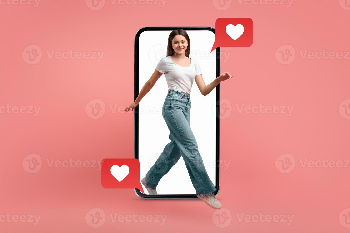 A young woman is stepping out of a smartphone, engaging with popular social media applications. Heart icons float around, symbolizing love and connection on Valentine's Day. photo