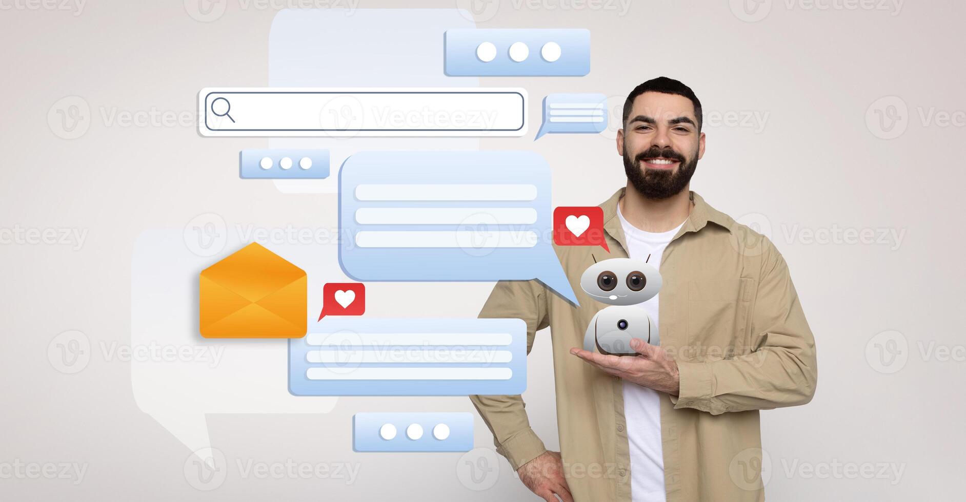 A man holds a virtual assistant device, surrounded by chat bubbles and icons representing messages and communication. photo