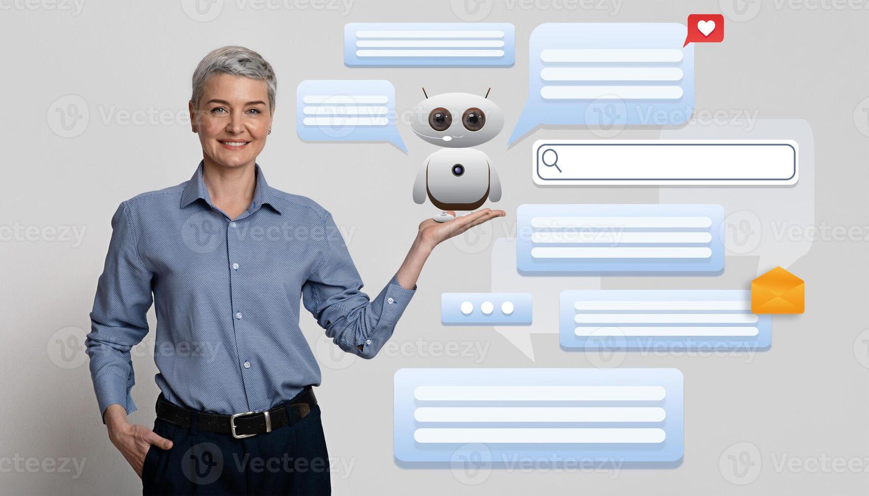 Mature woman interacts with a friendly AI assistant, demonstrating the role of modern technology in providing virtual support. photo