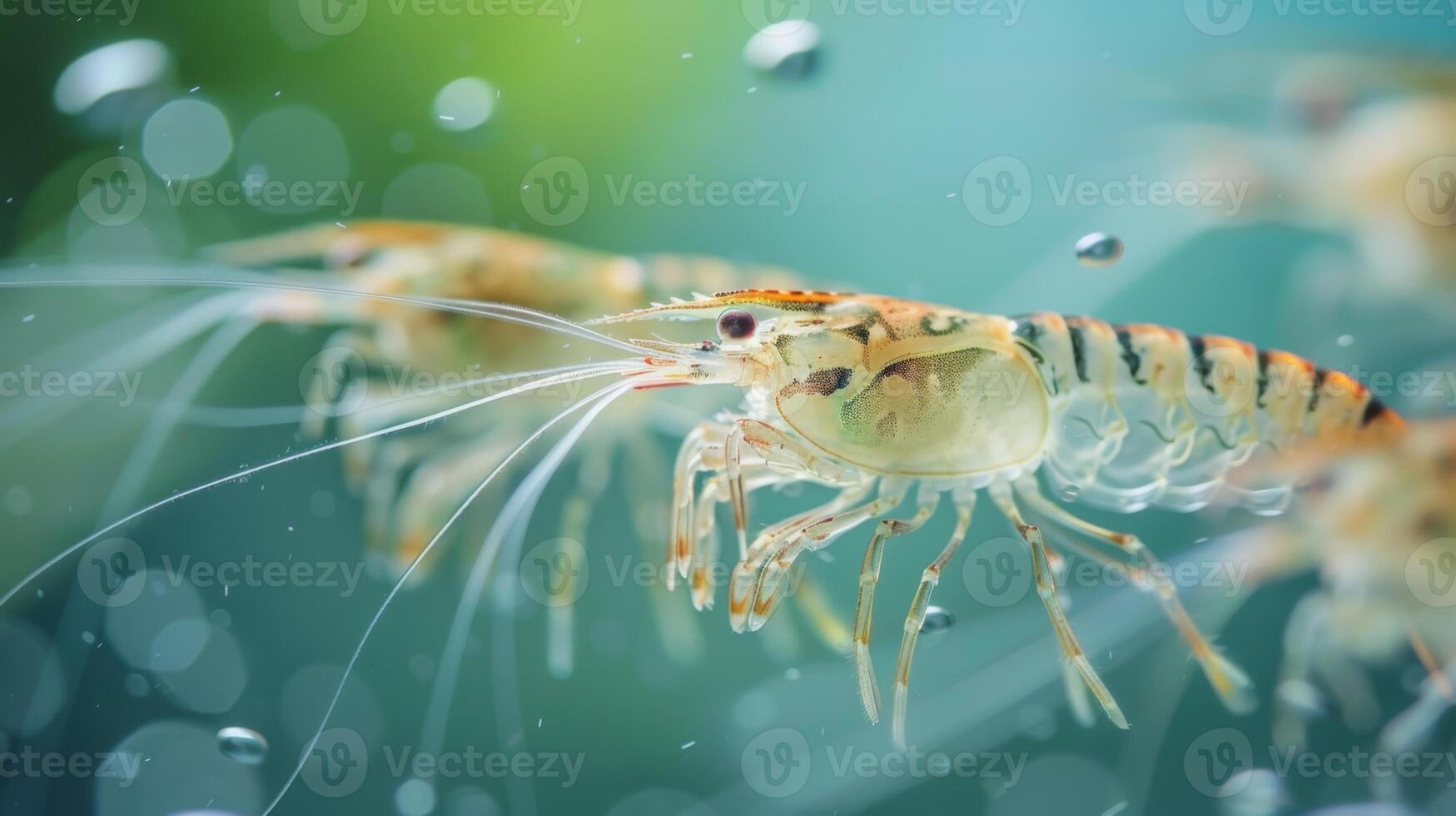 Shrimp swim gracefully in a clear water habitat, their translucent bodies illuminated by soft natural light. Fine details of their anatomical features are beautifully displayed. photo