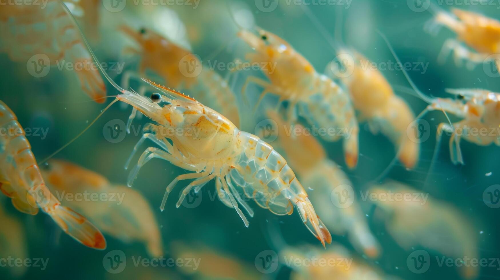 A large group of transparent shrimp is observed swimming together in clear blue water. Their delicate bodies catch light as they move, creating a captivating spectacle. photo