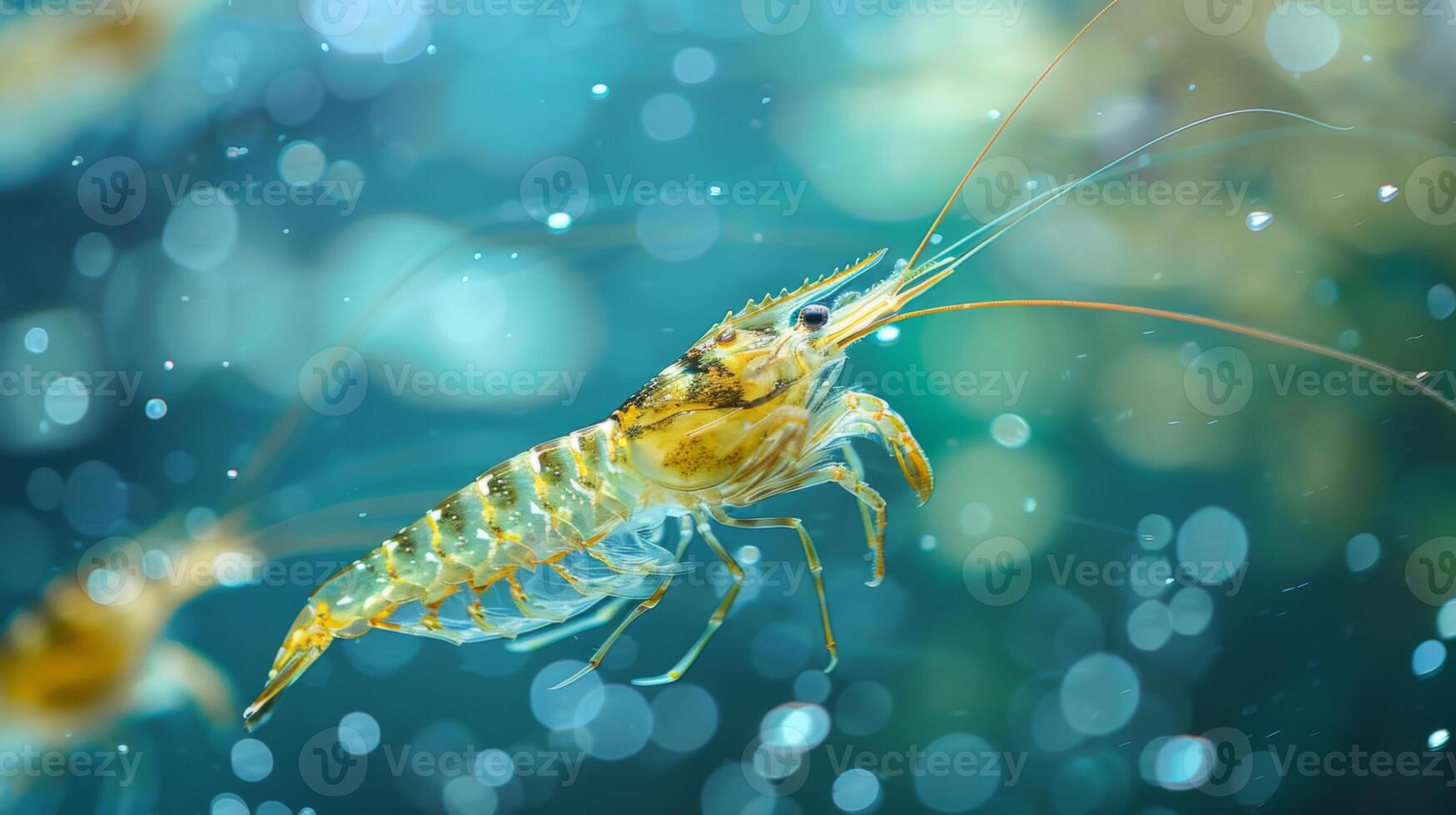 A clear shrimp elegantly swims through a lively, colorful underwater world, surrounded by bubbles that create a magical atmosphere in the ocean environment. photo