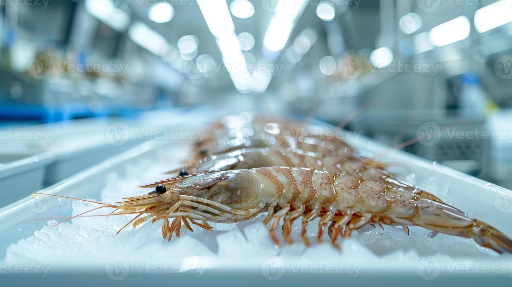 Plump shrimp arranged neatly on ice in a vibrant seafood market, highlighting their freshness and appeal under bright overhead lighting, attracting shoppers. photo