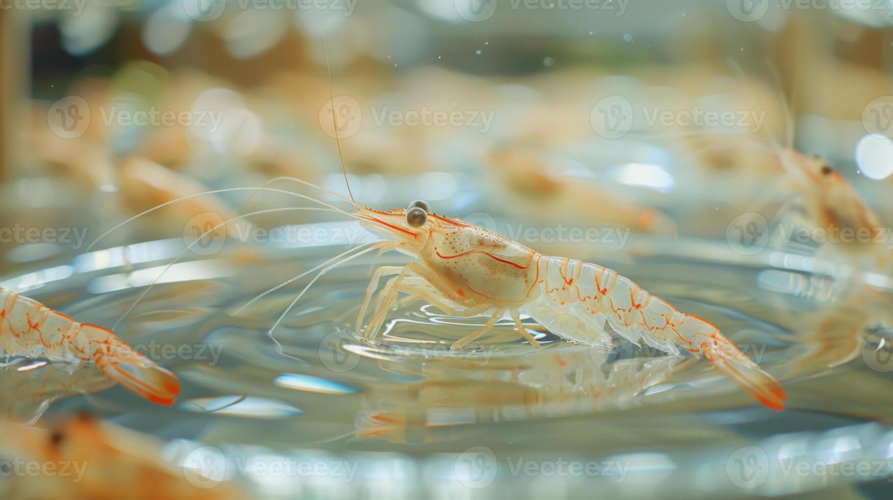 Multiple freshwater shrimp are observed swimming in a clear tank, highlighting their delicate features and vibrant colors in a controlled aquatic environment. photo