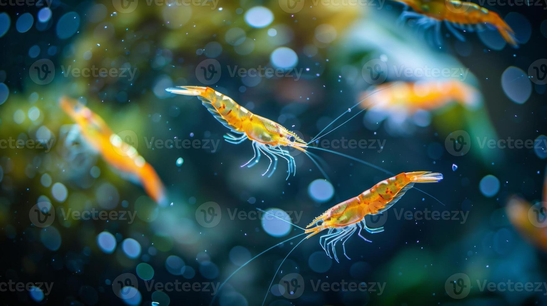 Vibrant shrimp maneuver elegantly through their underwater environment, showcasing their vivid colors and delicate antennae in a serene aquatic setting. photo