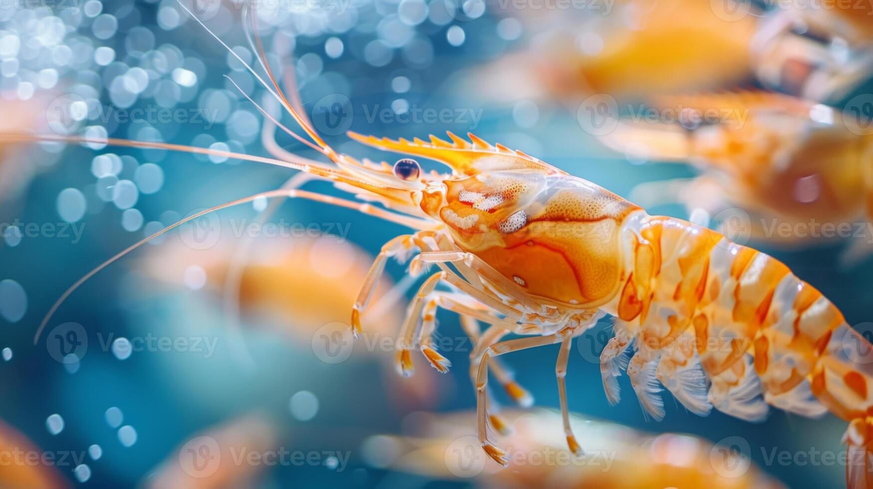 Brightly colored shrimp move gracefully through clear water, showcasing their unique patterns and textures among swarms of fellow sea creatures in a lively aquatic ecosystem. photo