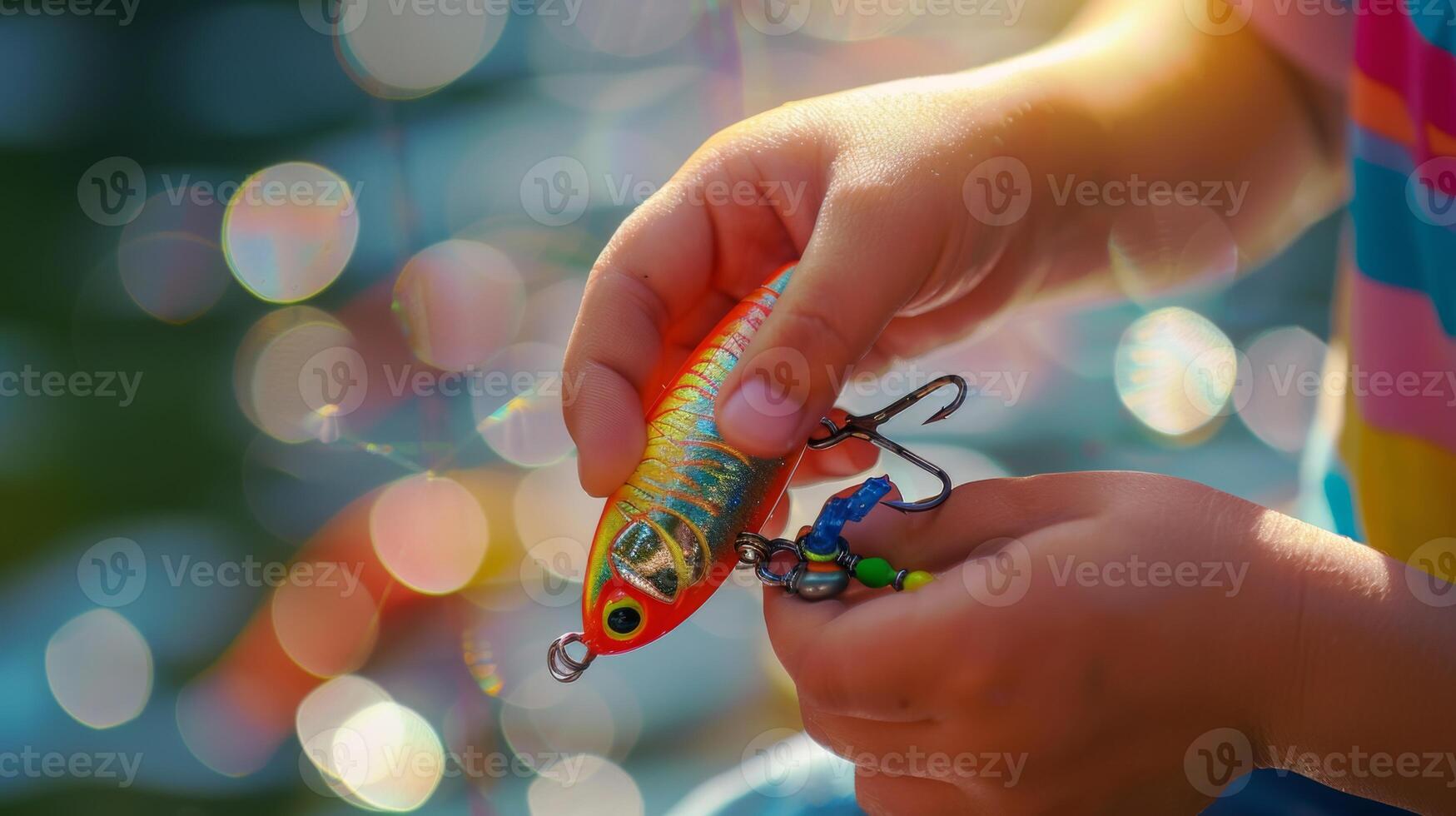 A child holds a vibrant fishing lure, preparing to cast into sparkling water on a sunny day. The serene environment enhances the excitement of fishing. photo