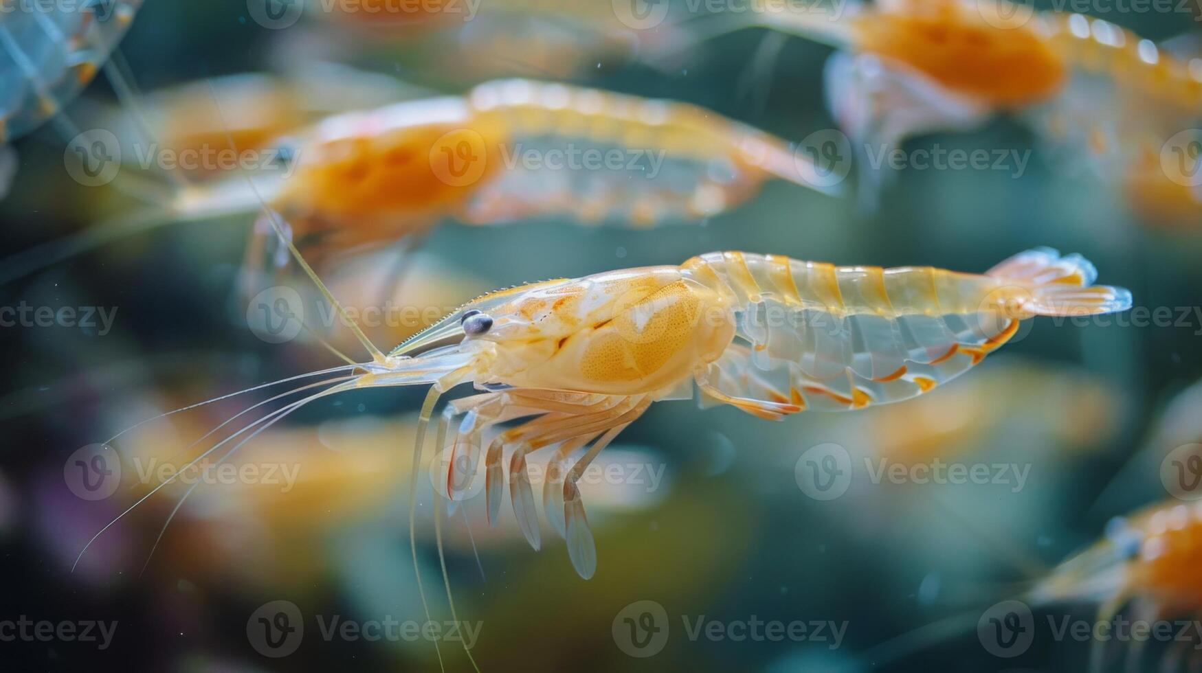 A school of translucent shrimp can be seen swimming in clear blue water, their delicate bodies dancing among soft coral formations, creating a lively marine atmosphere. photo