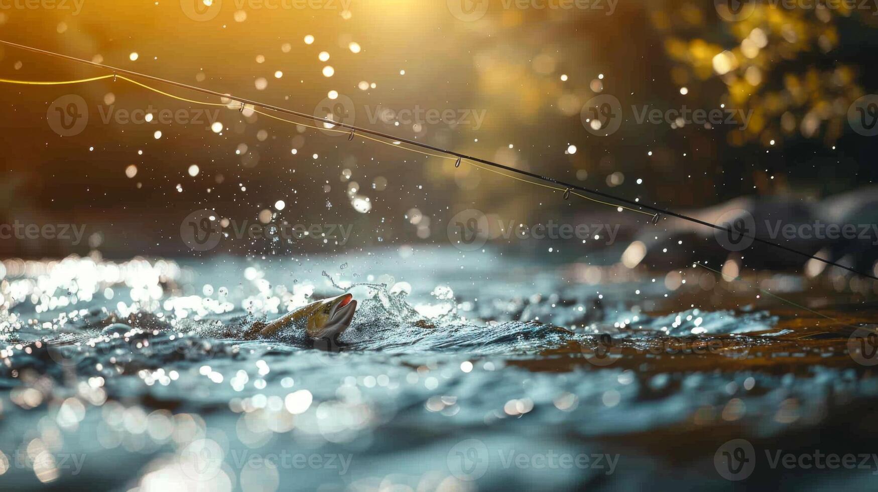 Water ripples around a fish leaping from a clear river, while sunlight filters through trees, highlighting the excitement of fishing at twilight with a rod in use. photo