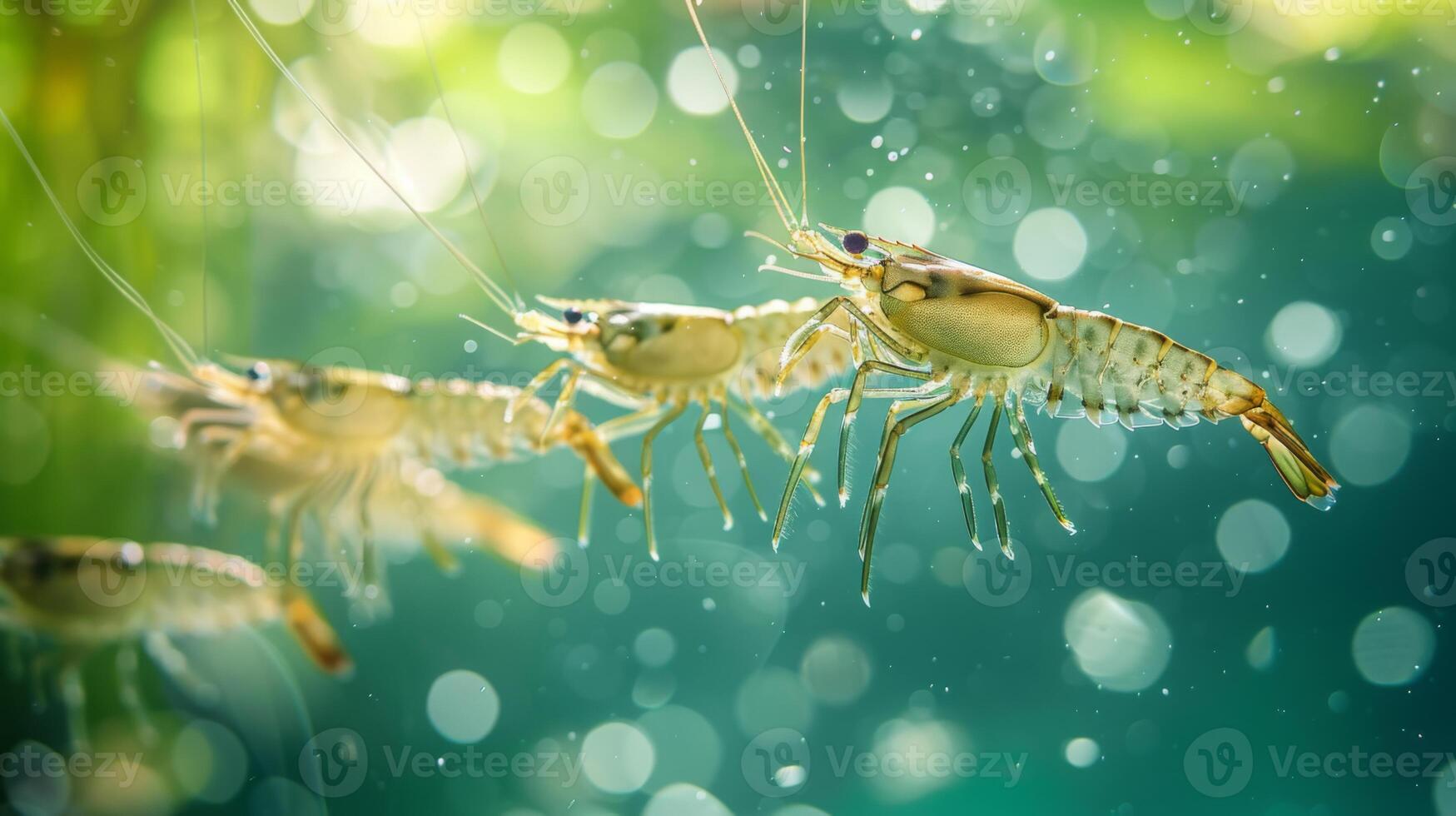 Several shrimp are seen swimming in clear water, showcasing their delicate features as sunlight creates a sparkling effect, with aquatic plants blurred in the background. photo