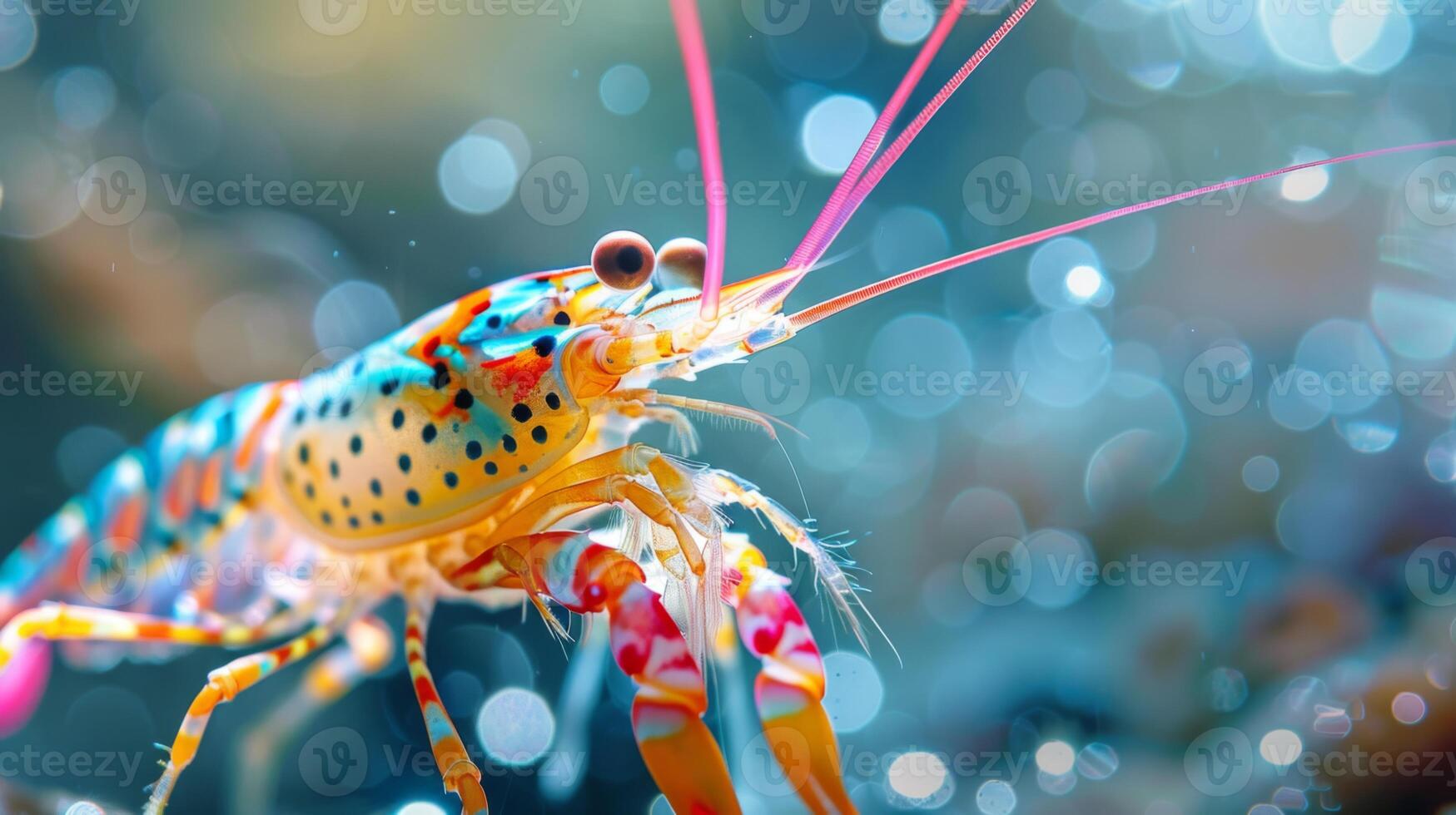 A brightly colored crawfish moves through the sparkling underwater environment, showcasing intricate patterns and vivid colors while surrounded by blurred bubbles and natural light. photo