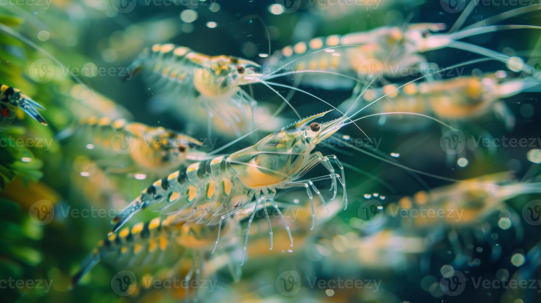 A group of colorful shrimps swims gracefully in a well maintained aquarium, surrounded by lush green aquatic plants, reflecting natural light. photo