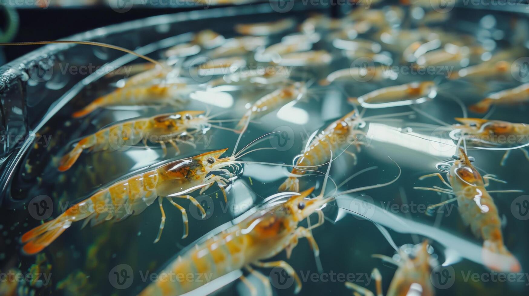 Transparent water reveals a plethora of freshwater shrimp displaying vibrant colors as they swim and interact within the spacious tank on a sunny day. photo