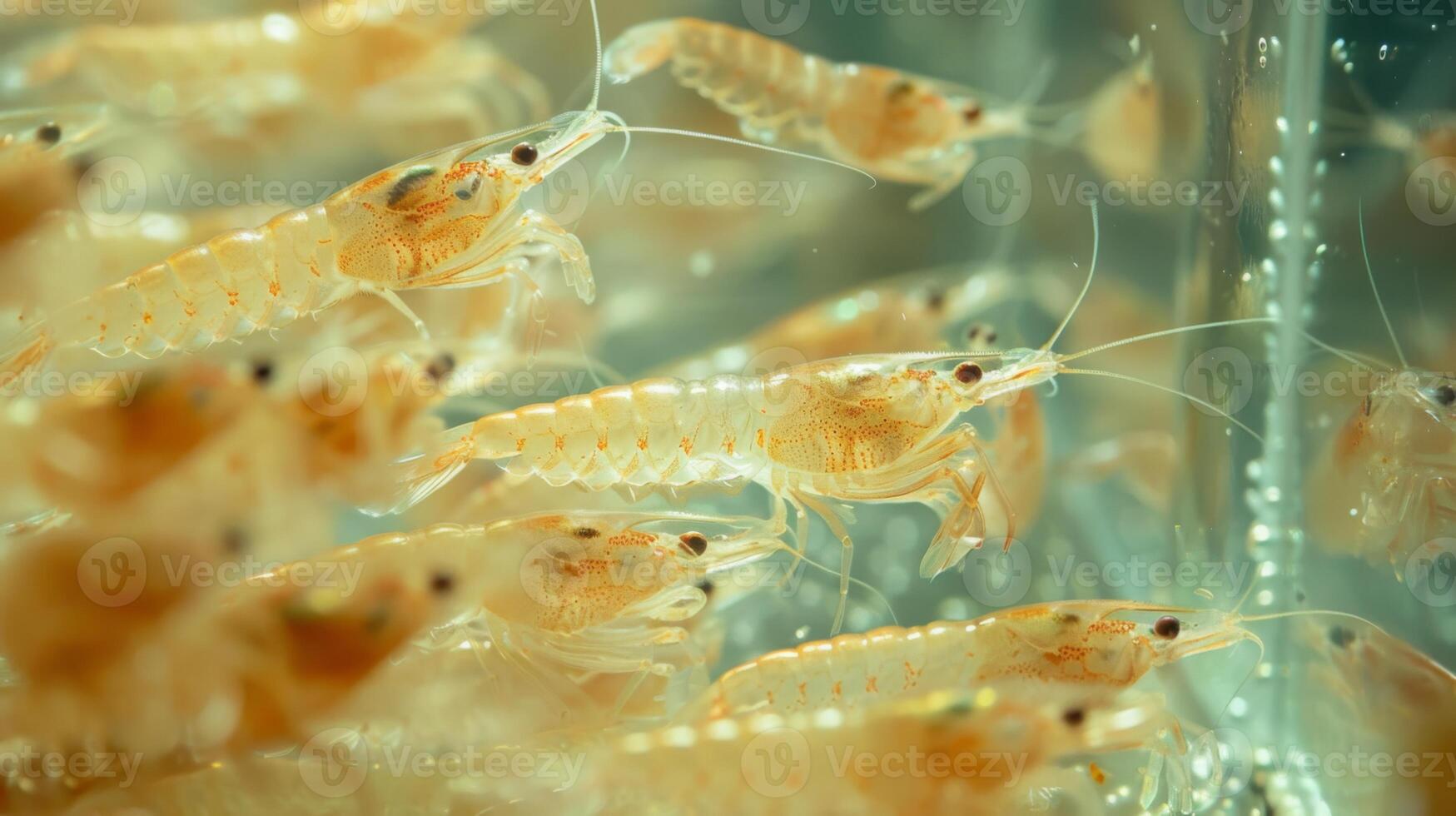 Groups of lively shrimp can be seen swimming in a translucent aquarium, displaying their brilliant colors and curious interactions as they navigate through the water. photo