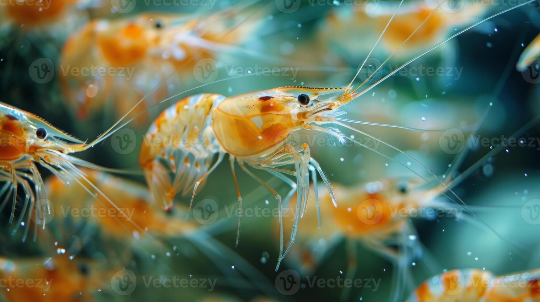 A swarm of colorful shrimps can be seen swimming gracefully in a lush aquatic environment filled with bubbles and light. These creatures exhibit intricate details and vivid coloration. photo