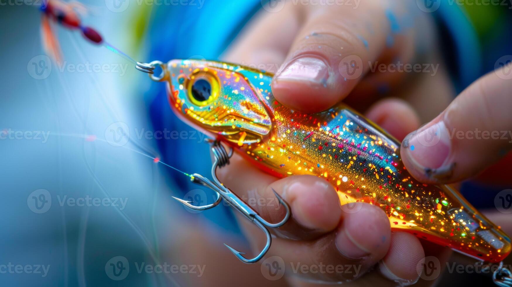 A person is holding a vibrant, glittering fishing lure in their hand, getting ready to fish at a peaceful lake surrounded by nature on a sunny day. photo