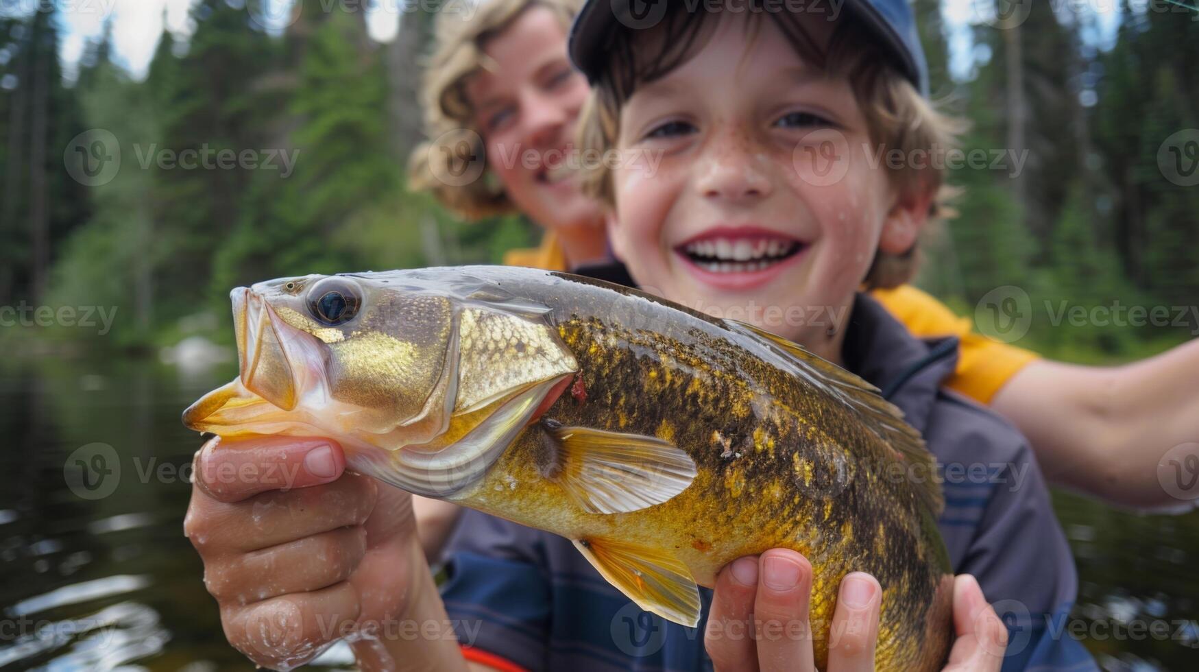A joyful child proudly displays a sizable fish caught in a serene forest lake. Behind, a cheerful adult shares in the moment, showcasing a successful fishing outing in summer. photo