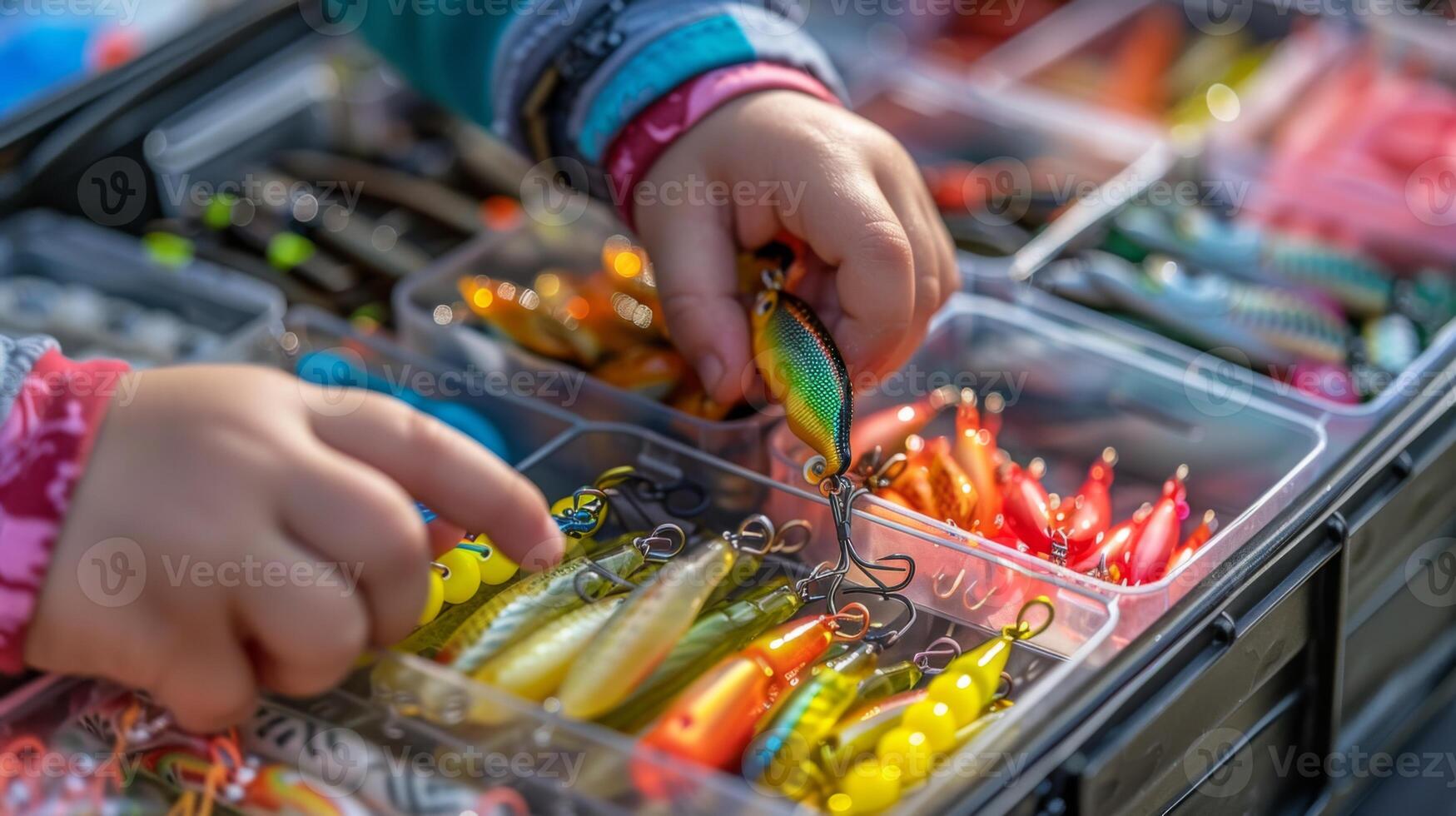 A child is curiously picking a fishing lure from a bright assortment in a tackle box on a sunny day. The outdoor setting is lively with vibrant colors of the fishing gear. photo