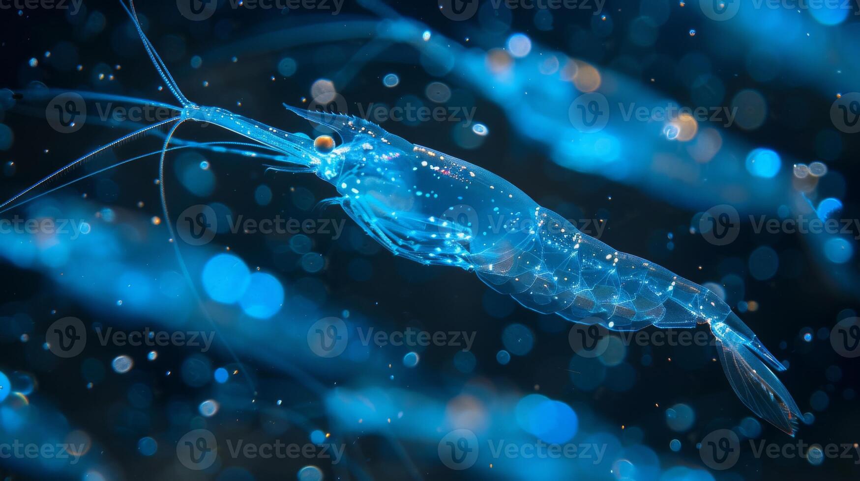 A translucent shrimp glides gracefully through the deep blue ocean waters. Its delicate body showcases intricate details, including bright eyes and glimmering patterns as particles surround it. photo
