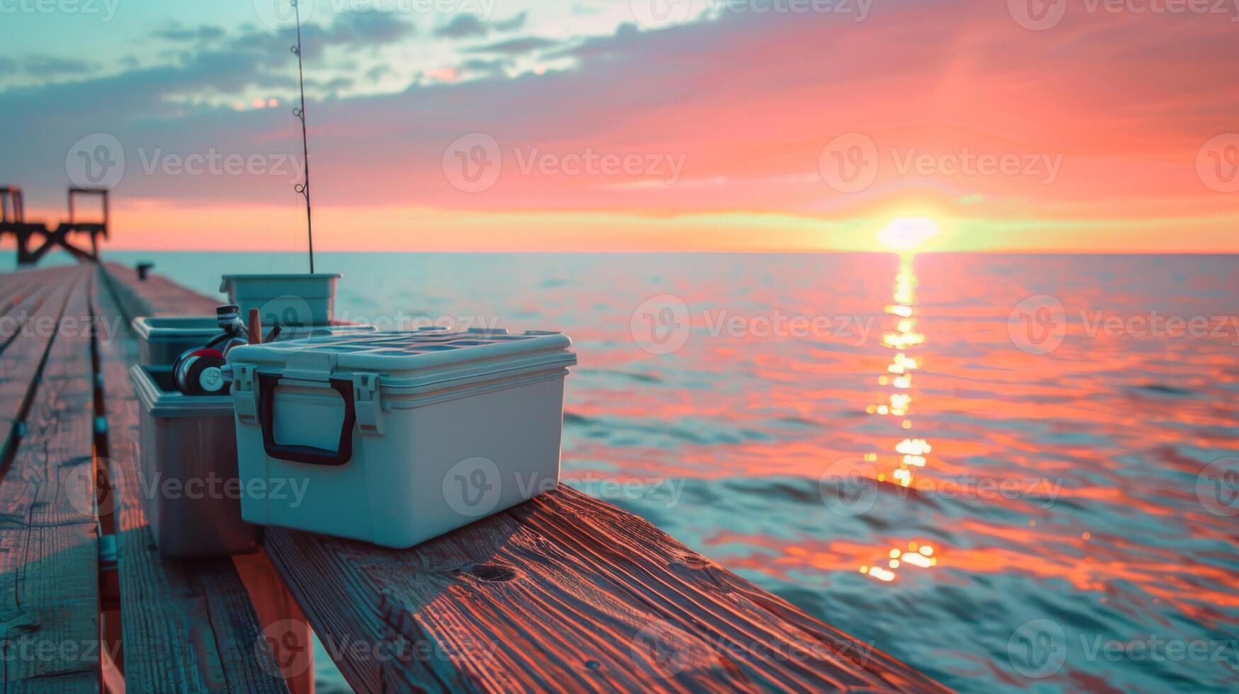 A quiet pier stretches out over water during sunset, with a fishing cooler and rod set up, creating a serene atmosphere for evening fishing. photo