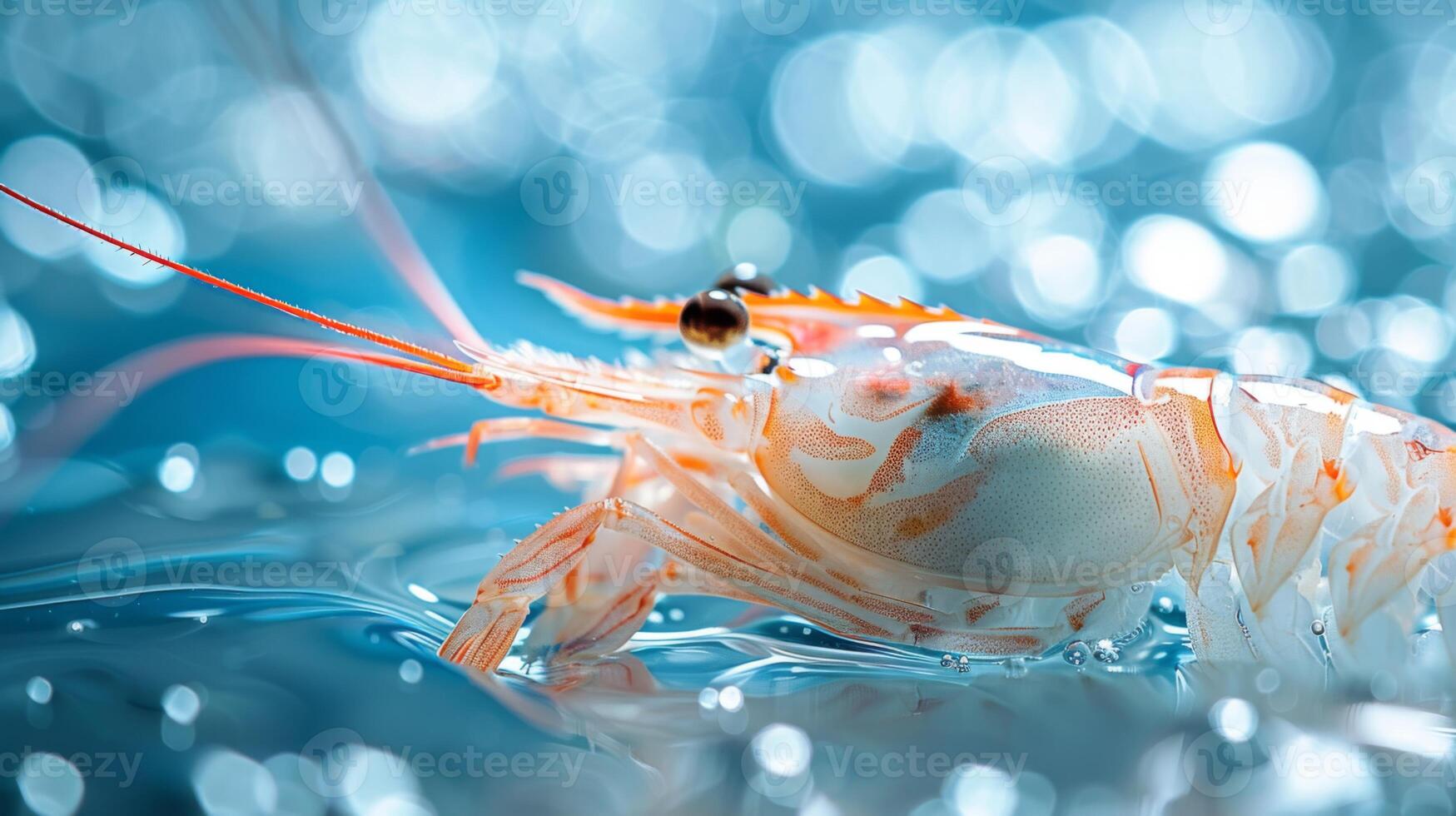 A close up of a freshwater shrimp showcases its delicate features and vibrant colors as it navigates the shimmering water, reflecting light under a clear sky during midday. photo