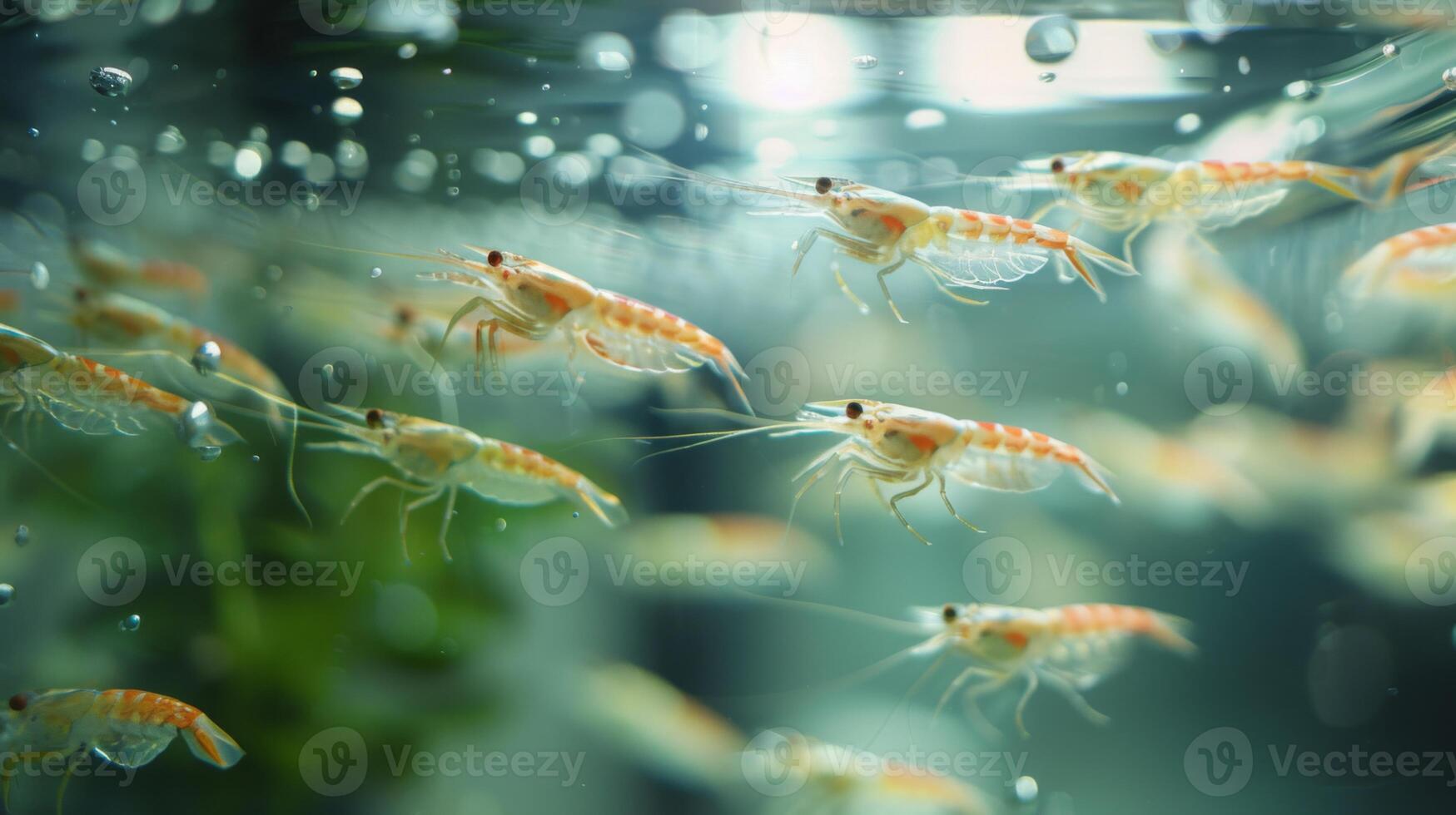 Small shrimp swim energetically in a clear aquarium, creating trails of bubbles while exploring their aquatic habitat surrounded by greenery. photo