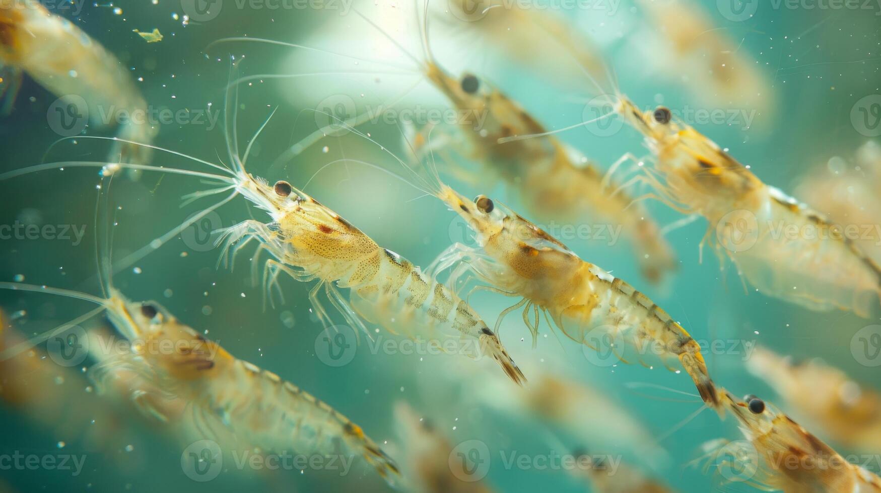 Numerous small shrimp are swimming gracefully in clear water, displaying their intricate body structures and vibrant hues under warm sunlight streaming through the surface. photo