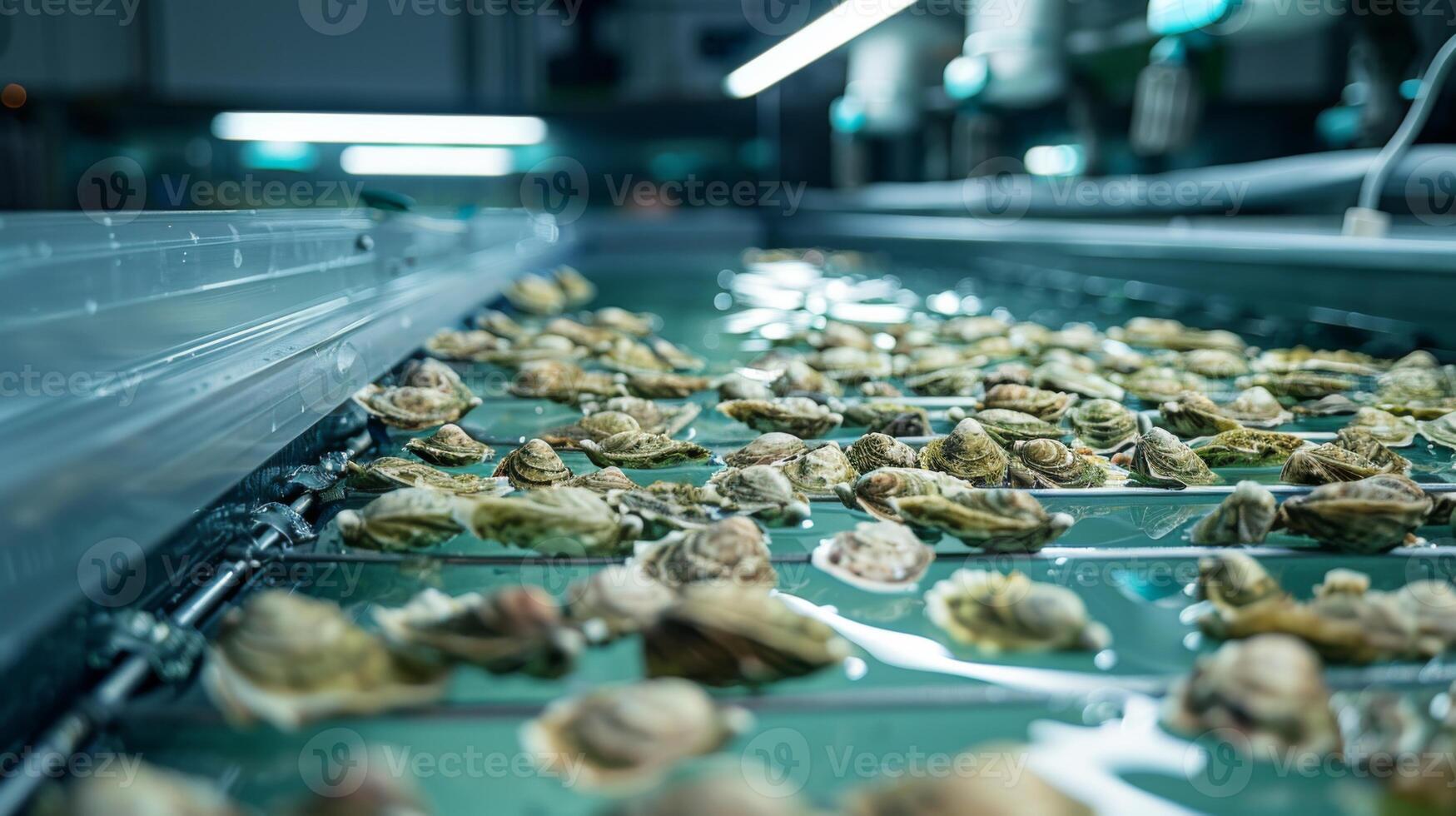 A large number of oysters are cultivated in a water filled tank, showcasing a vibrant marine setting while researchers monitor their growth and health in a high tech facility. photo