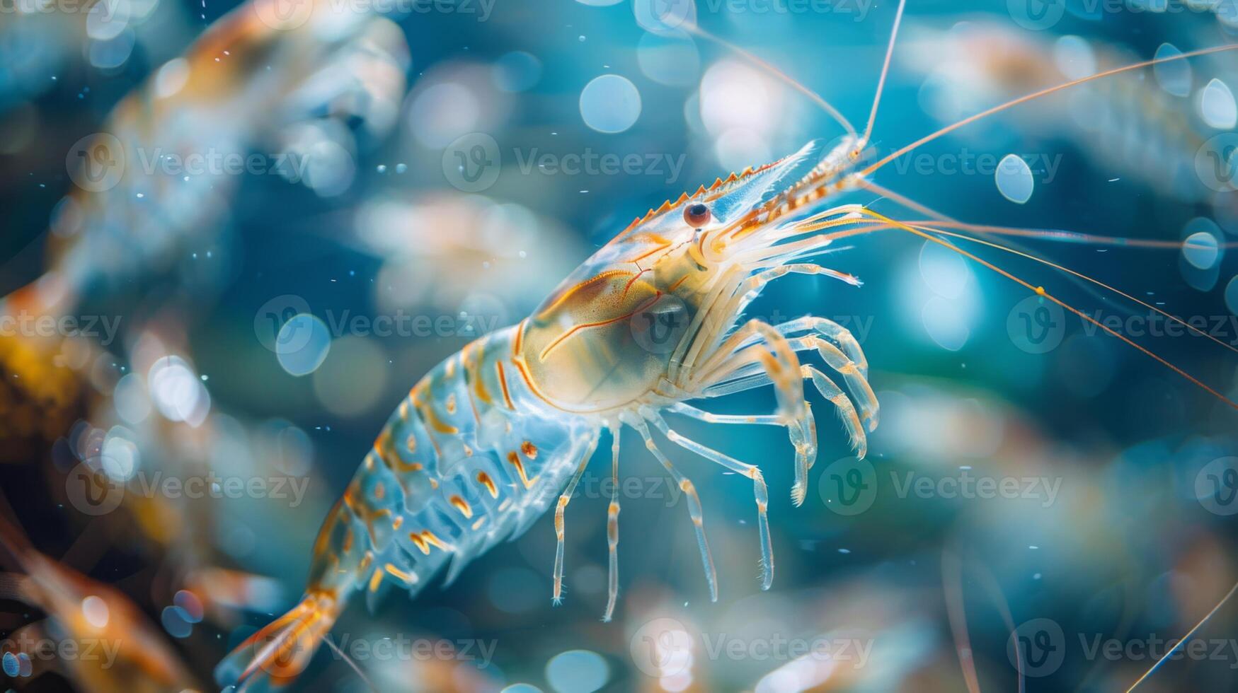 A colorful shrimp gracefully swims in clear water, showcasing its intricate details and long antennae. Bubbles and light reflections create an enchanting backdrop. photo