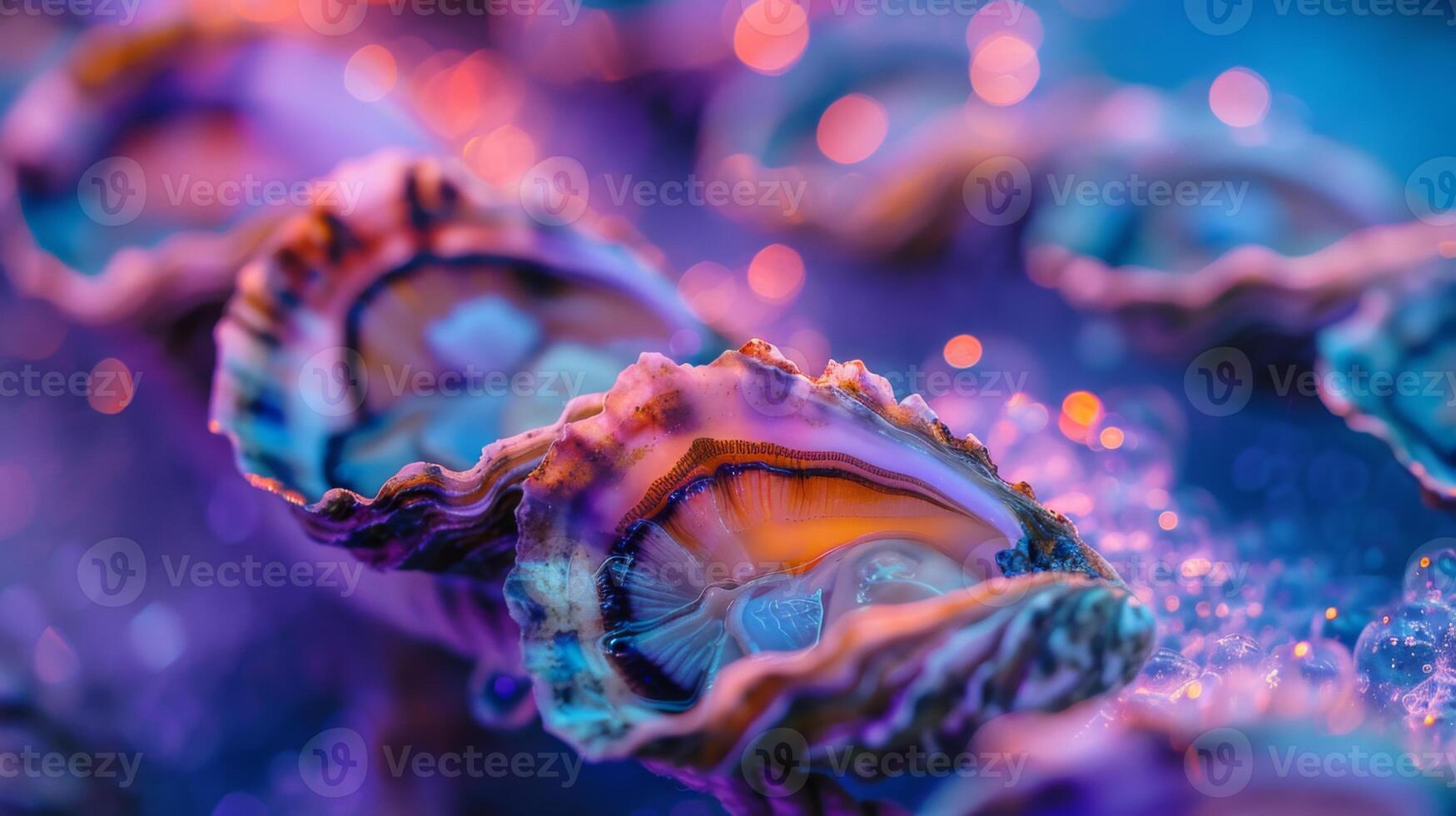 A beautiful arrangement of fresh oysters rests on a bed of ice, with soft, colorful lights enhancing their natural beauty in a seafood market setting during twilight. photo