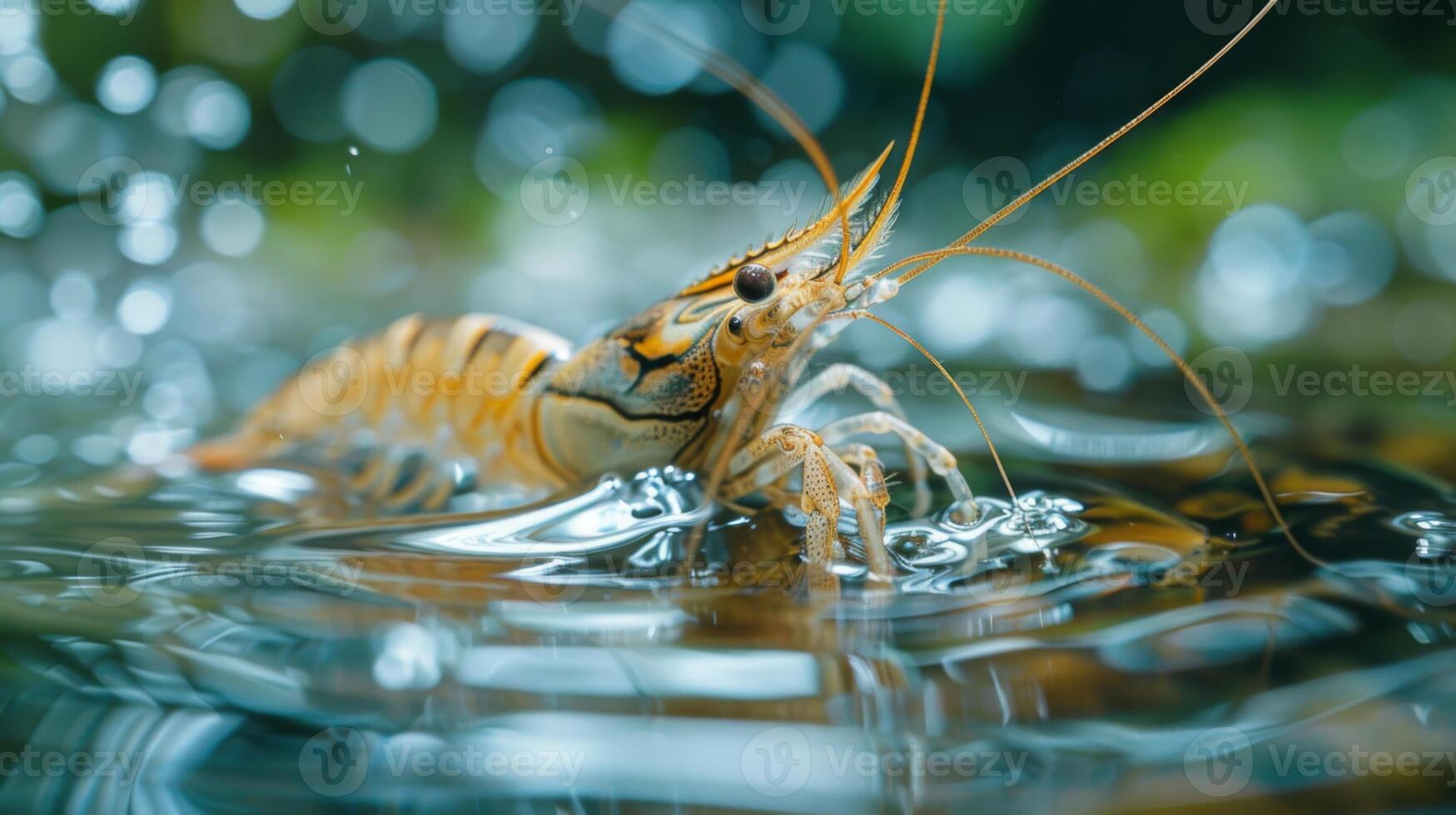 A freshwater shrimp exhibits striking colors while swimming in clear water, surrounded by a natural habitat filled with plant life and shimmering light reflections. photo