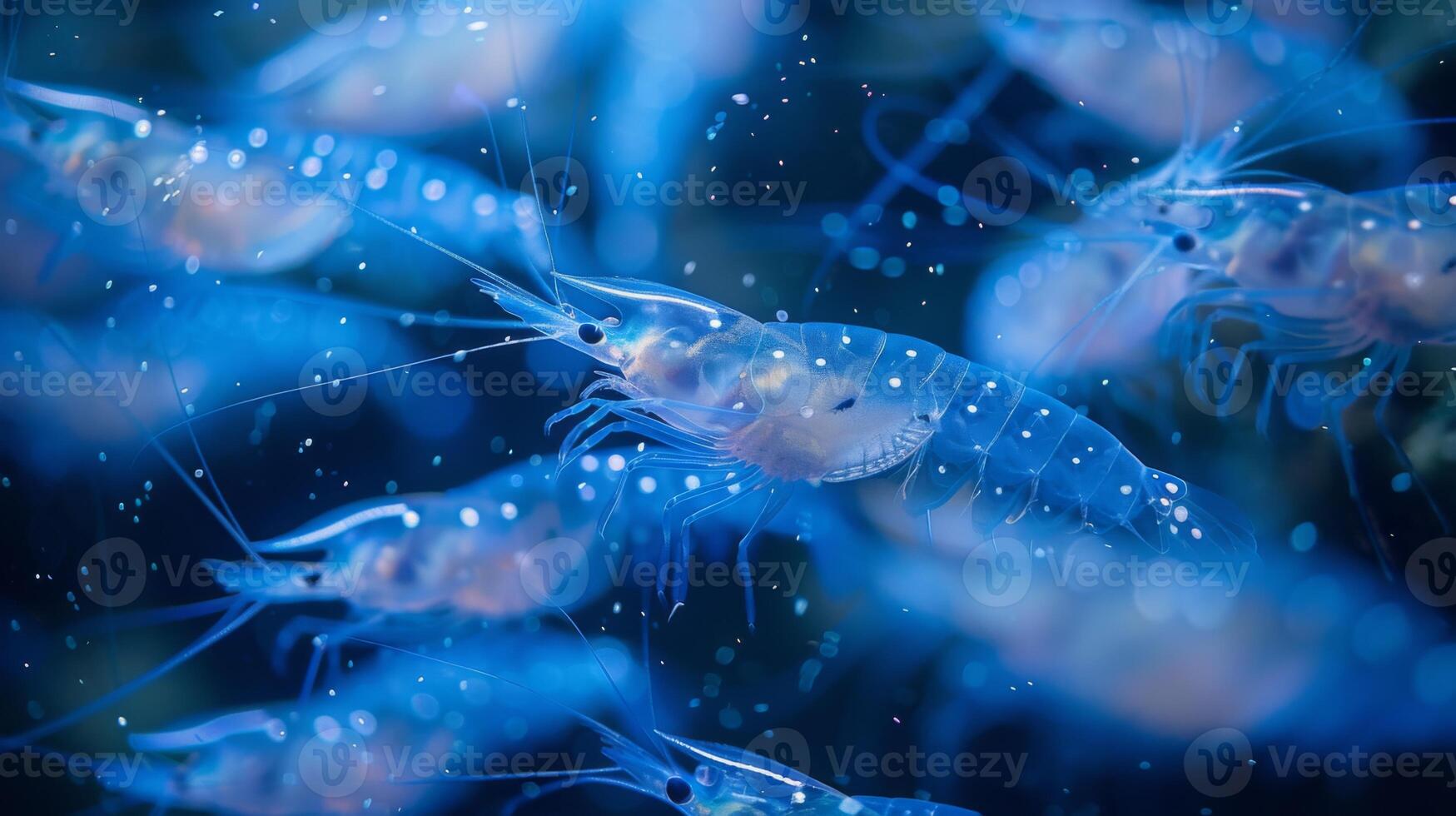 A group of translucent blue shrimp moves together in clear water, showcasing their delicate features and shimmering bodies in a vibrant marine habitat. photo