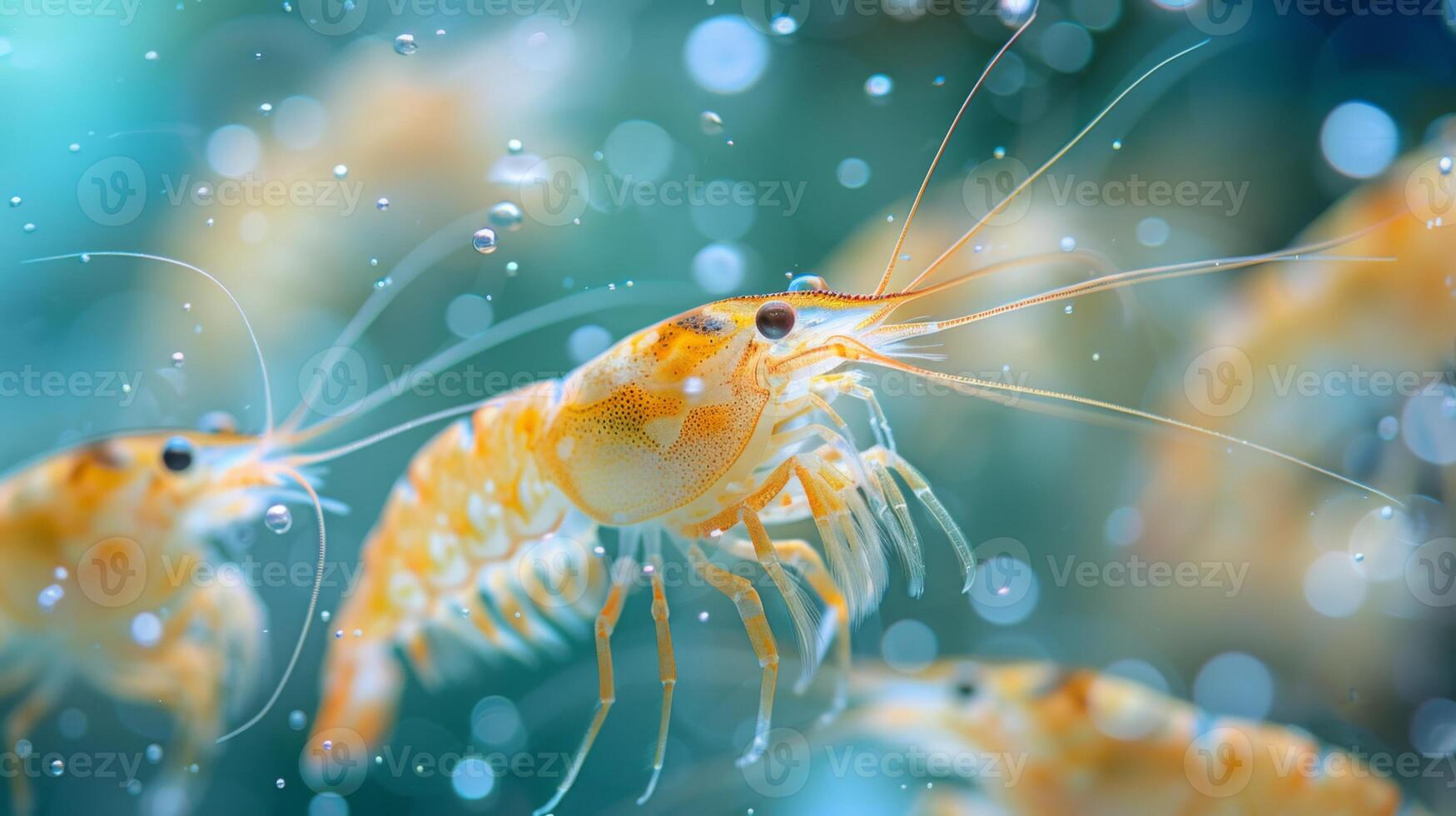 Shrimp swim gracefully in a clear aquarium filled with bubbles, showcasing their vivid orange and yellow tones. The scene captures their lively presence and intricate details in motion. photo