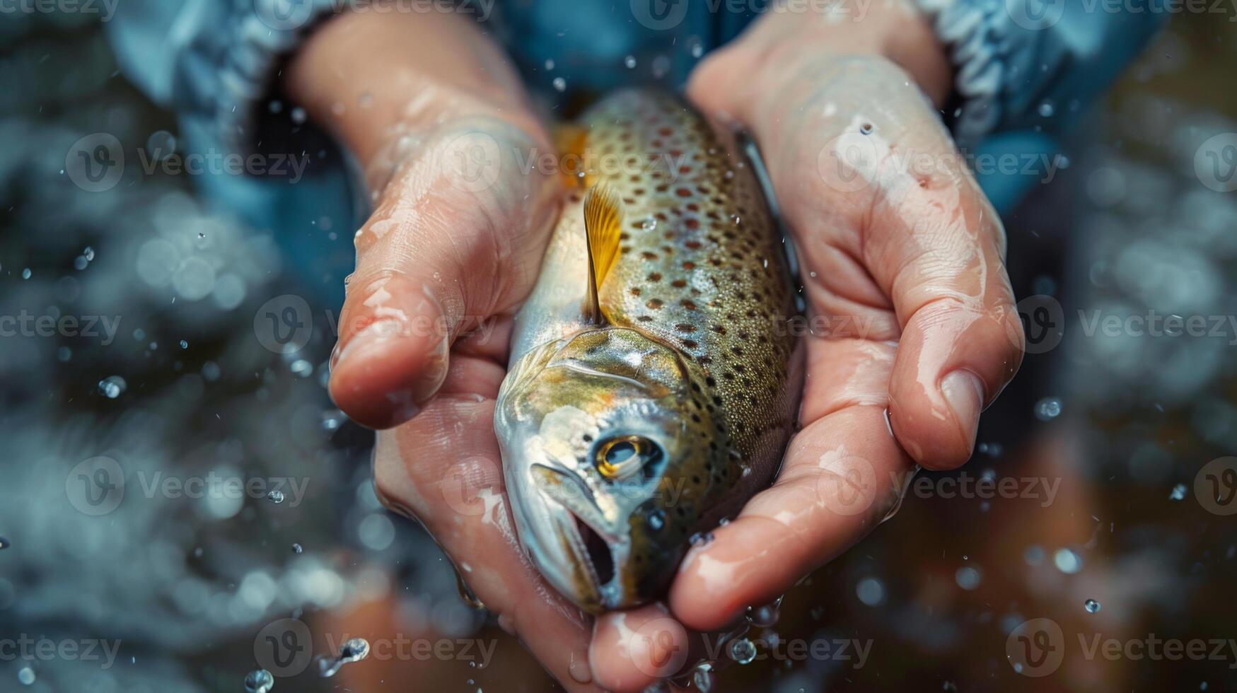Hands gently hold a shiny brown trout while droplets of water scatter around. The sun shines, illuminating the beautiful details of the fish against a serene backdrop. photo