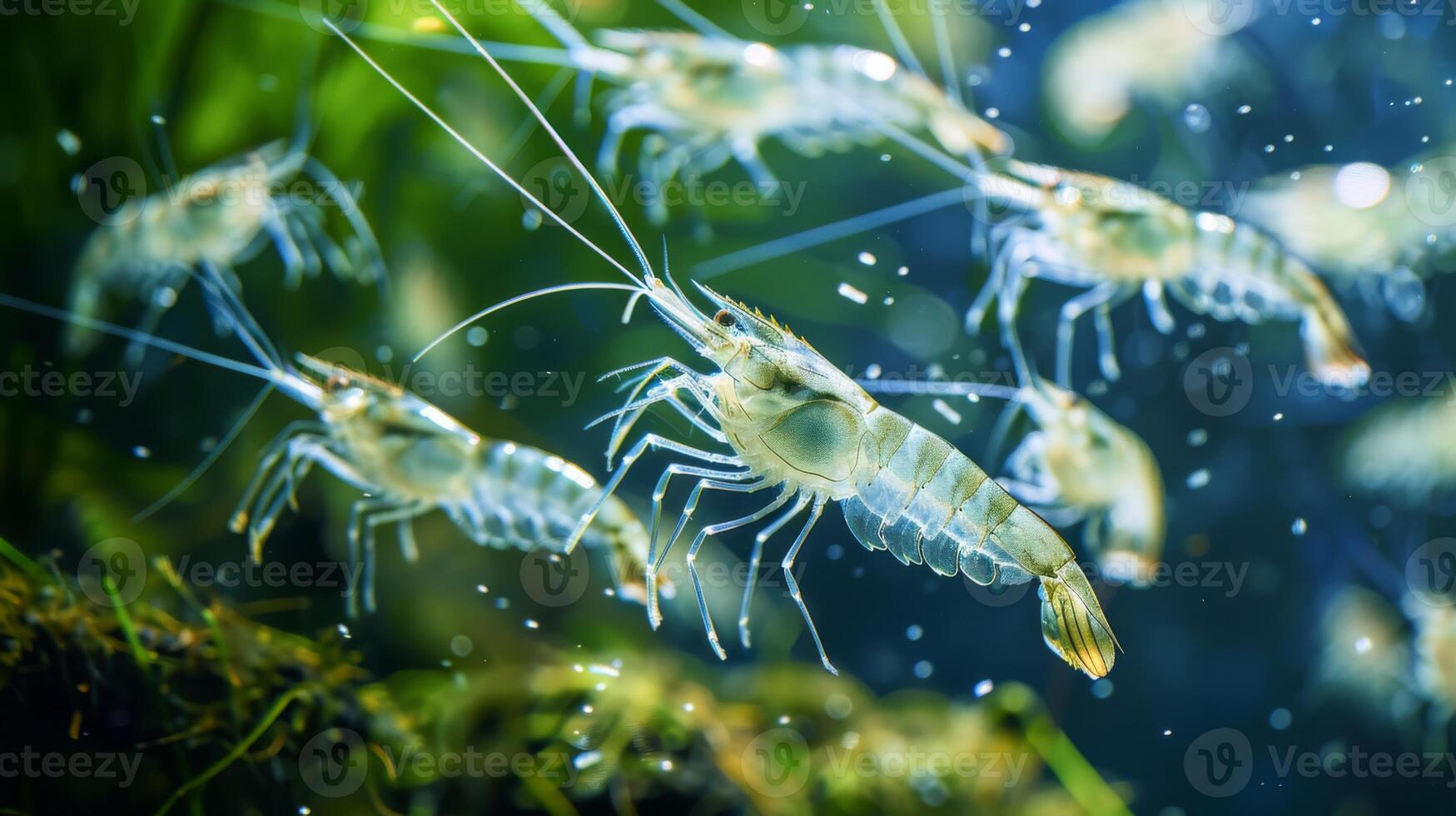 A group of shrimp is actively swimming through a lush underwater environment, displaying their transparent bodies and intricate movements surrounded by green plants and bubbles. photo