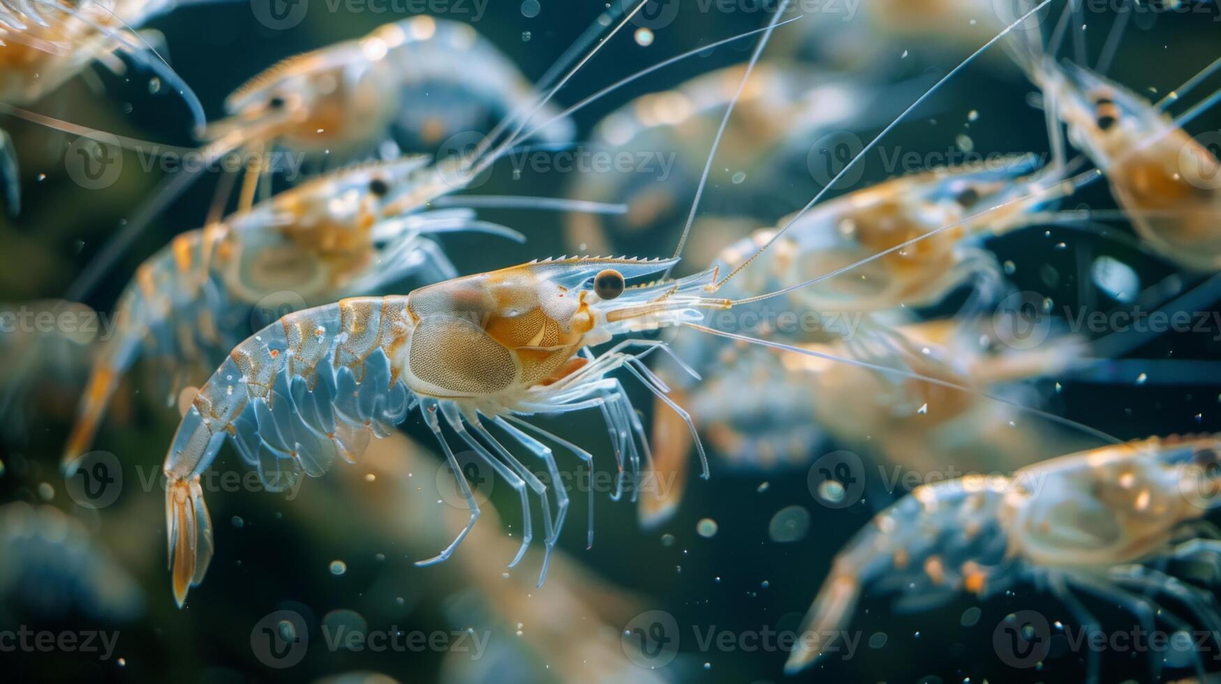 A group of lively shrimp glides through crystal clear water, showcasing their unique colors and delicate movements. Sunlight filters down, creating a tranquil atmosphere. photo