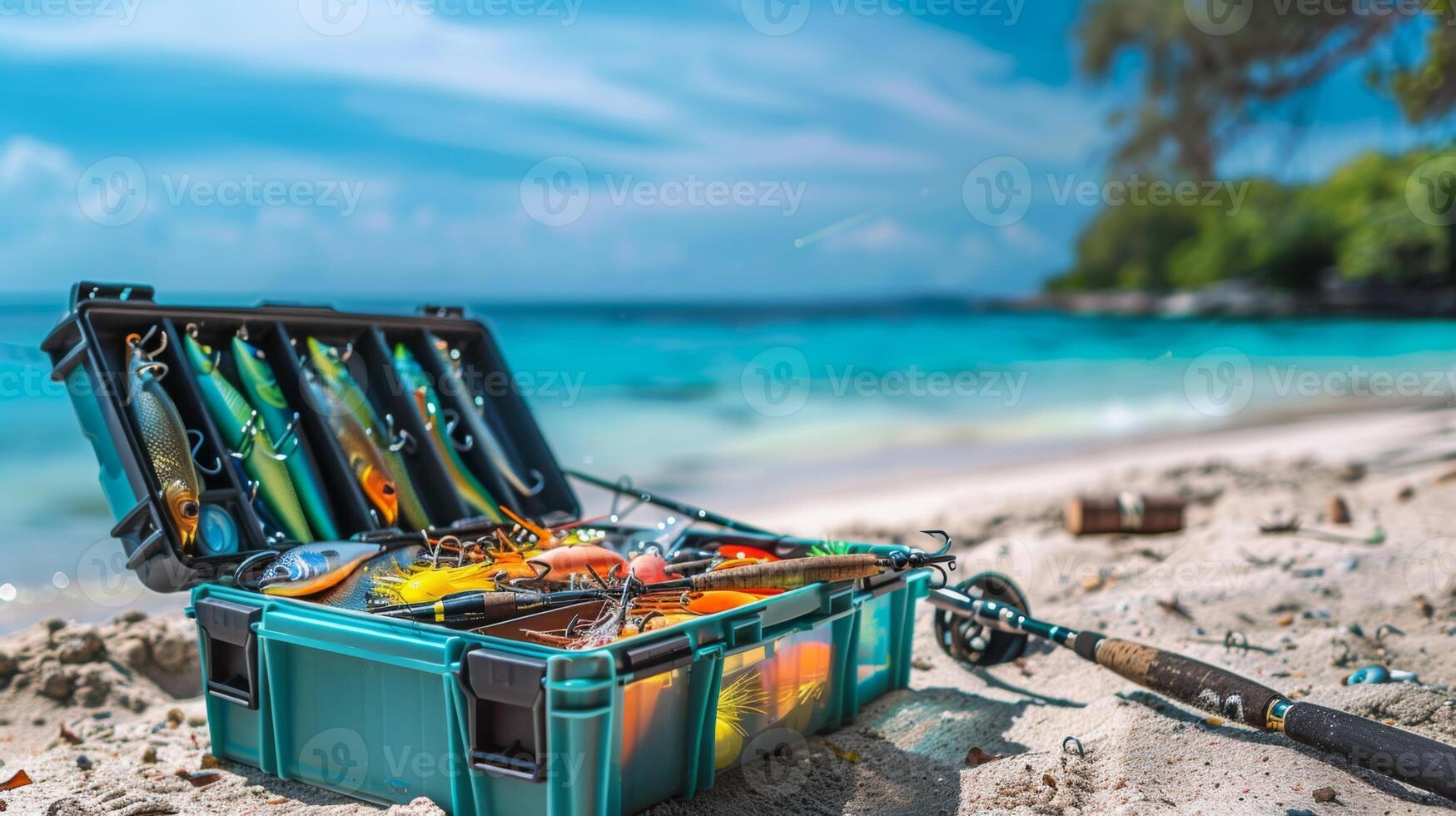 A collection of fishing lures neatly organized in a tackle box sits on golden sand next to a fishing rod, with vibrant blue water and greenery in the distance on a sunny day. photo