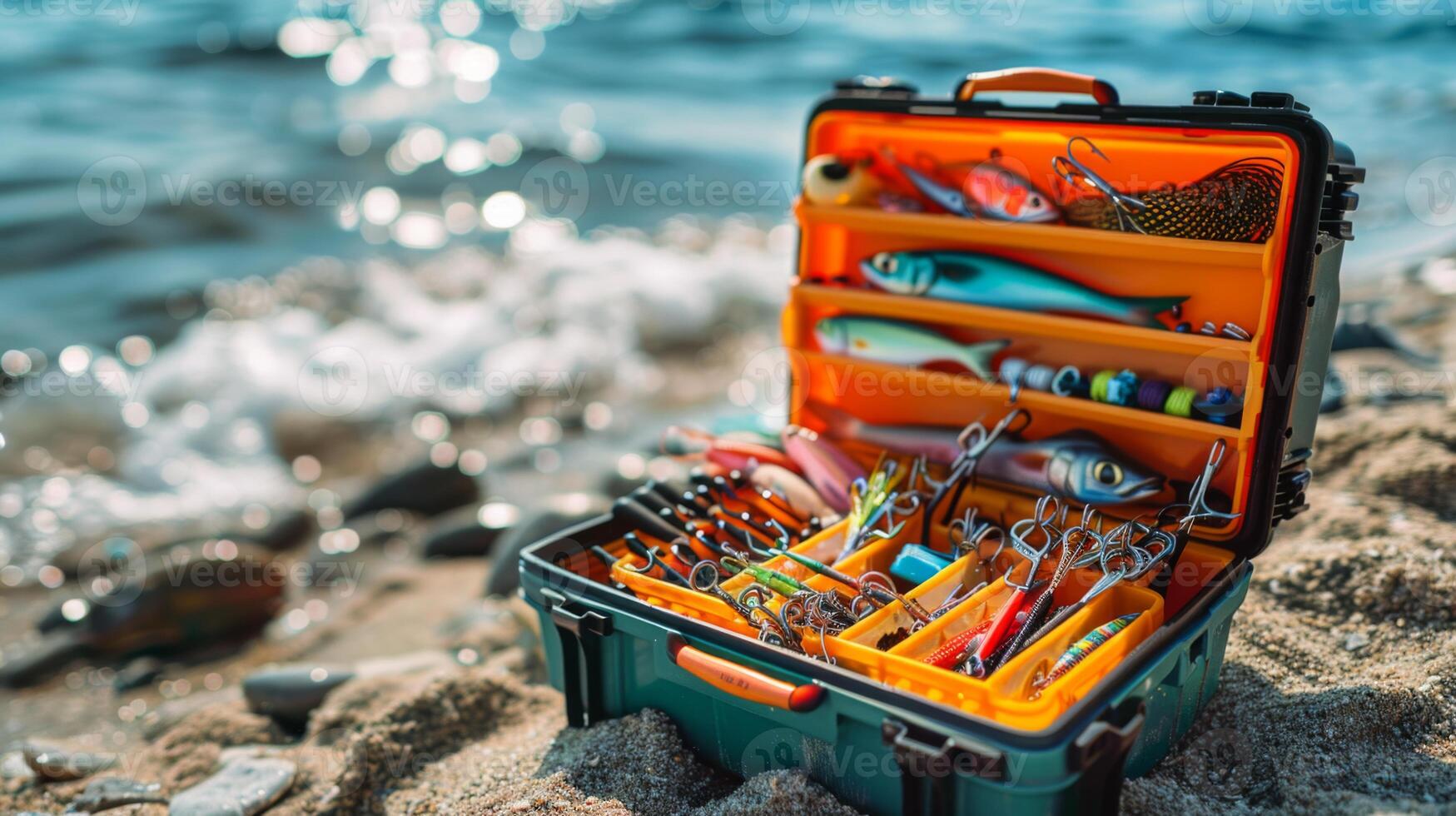A fishing tackle box is open and displayed on the sandy shore, showcasing an array of colorful lures and equipment against the shimmering ocean backdrop on a bright day. photo