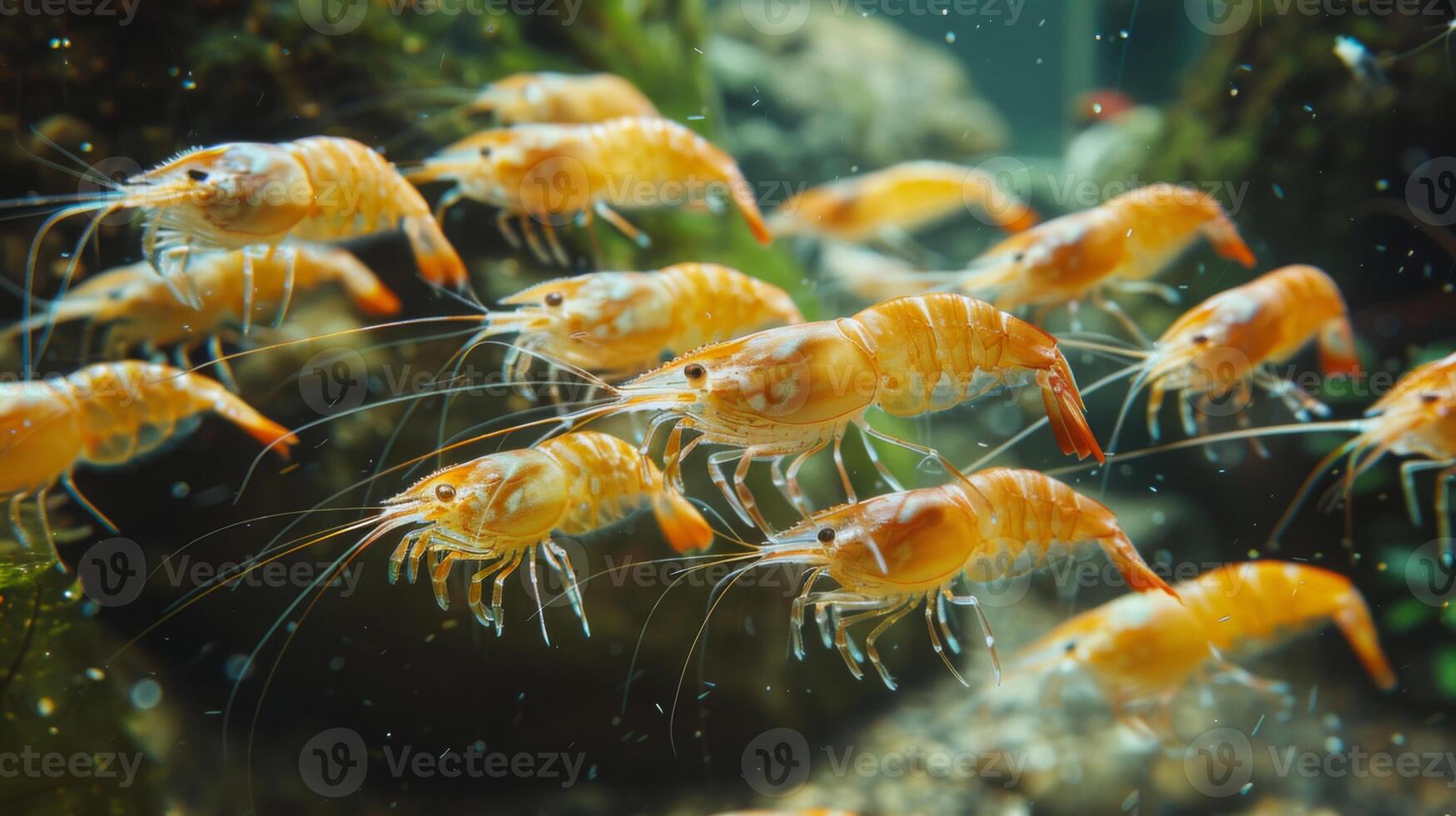 A vibrant group of orange shrimps is seen swimming in a well maintained aquarium. The clear water and lush aquatic plants create a lively underwater environment during daylight. photo