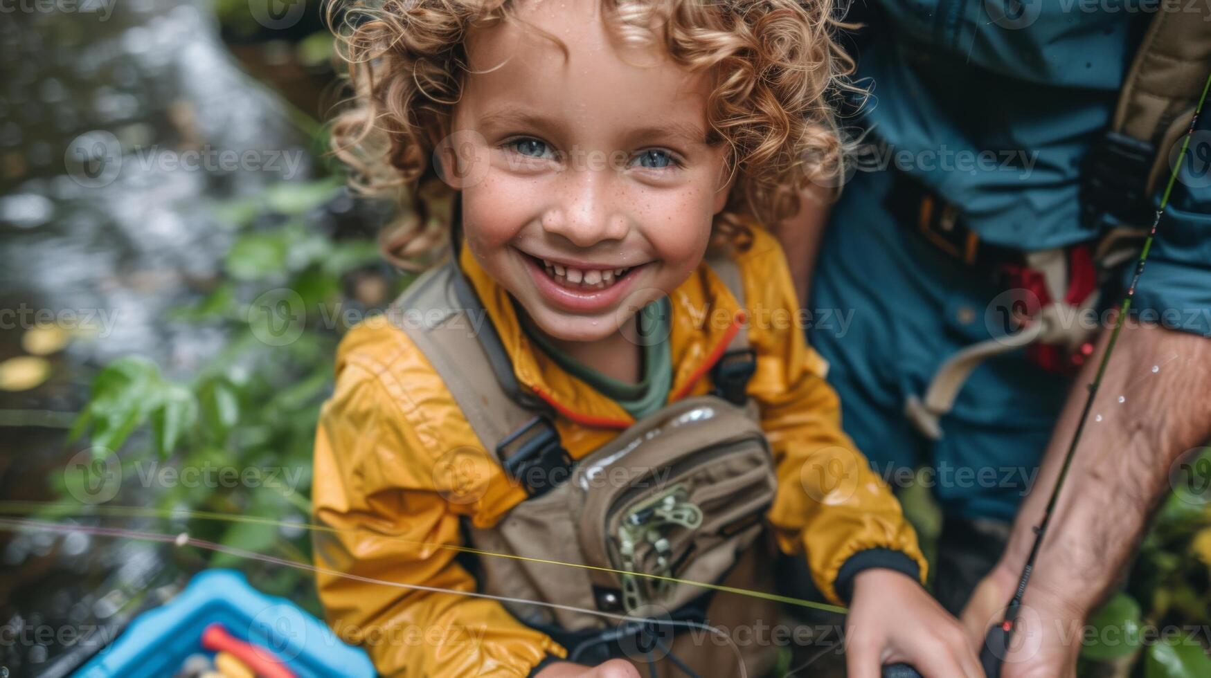 A young child in a bright yellow jacket smiles widely while holding a fishing rod near a stream. An adult provides guidance as they enjoy an outdoor fishing adventure together. photo
