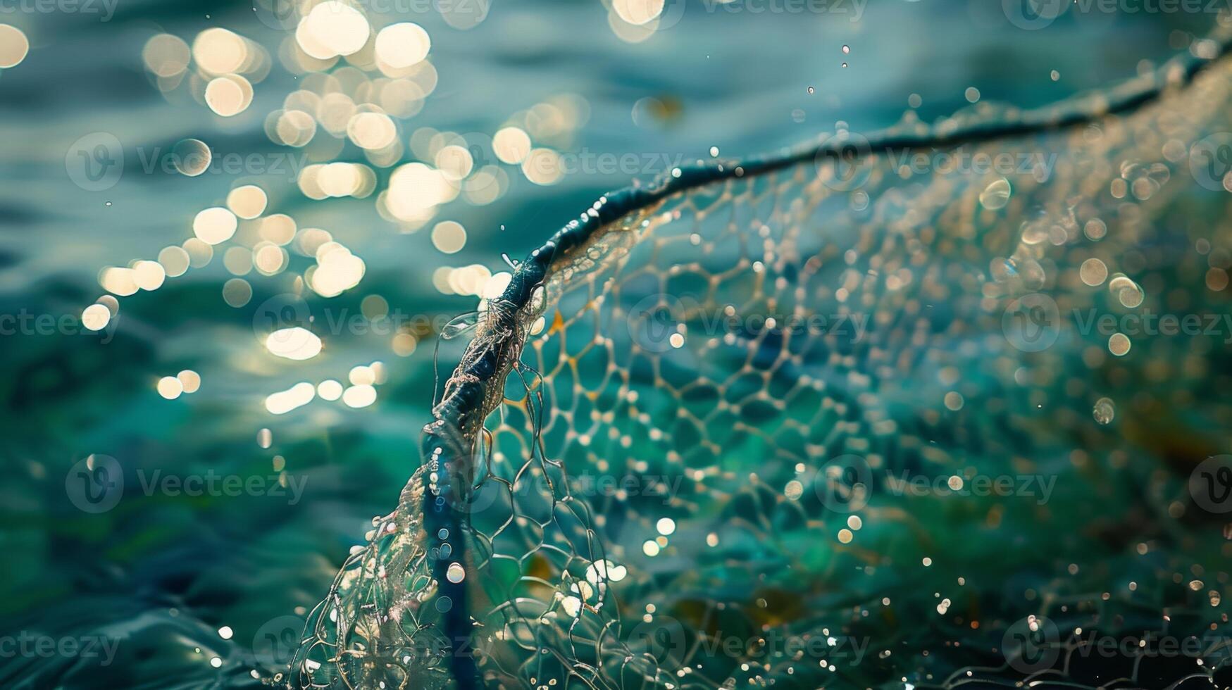 A fisherman adjusts his net on the edge of a tranquil ocean, sparkling reflections dancing on the water's surface as the sun shines brightly above. photo