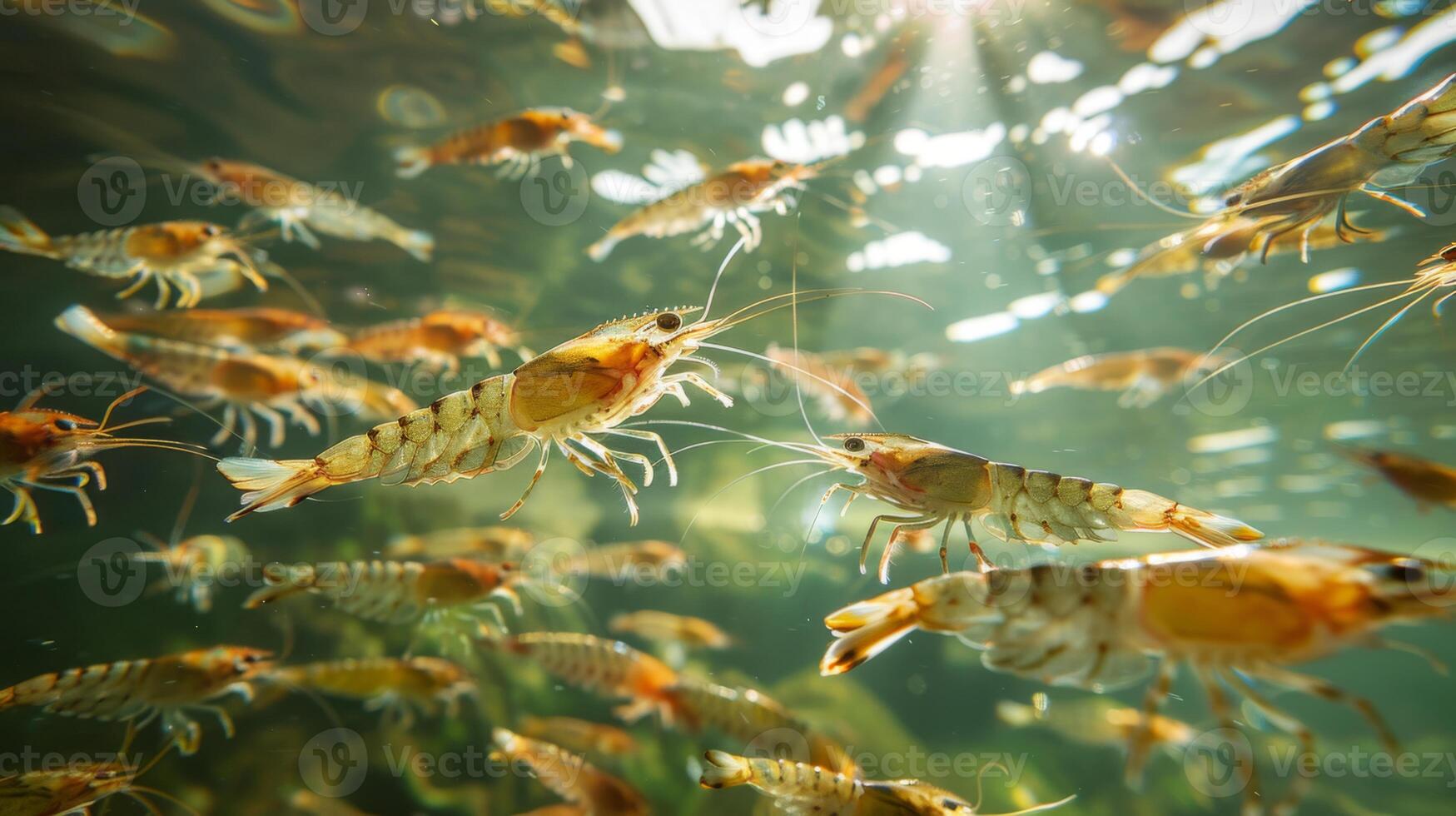Numerous shrimp swim actively in clear freshwater under sunlight, showcasing their vibrant colors and delicate movements alongside aquatic plants. photo