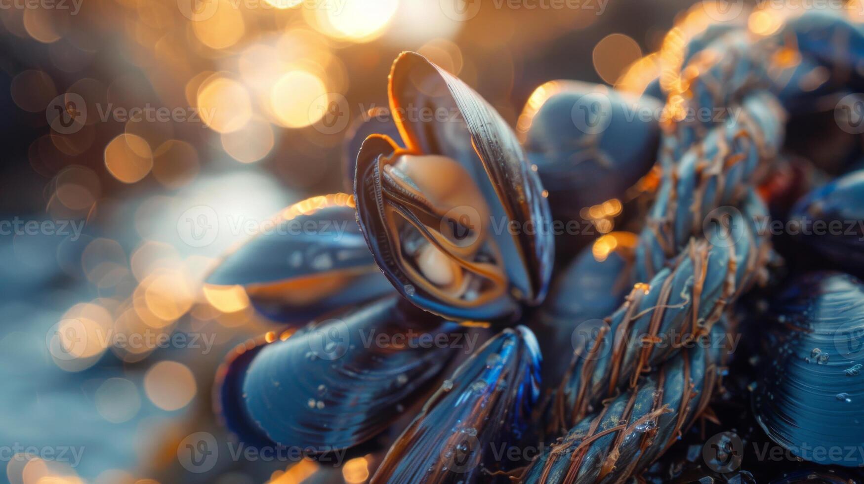 A blue mussel is seen nestled against a frayed rope on a rocky beach as the sun sets, highlighting intricate textures and sparkling reflections in the gentle light. photo