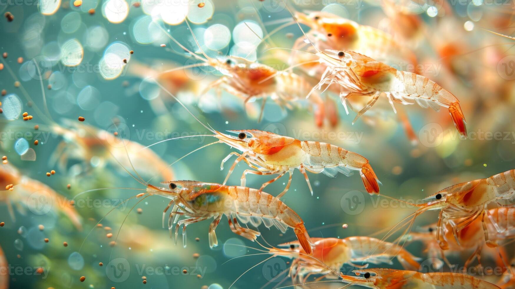 Groups of shrimp move swiftly through the sparkling water, their bright orange and transparent bodies reflecting light. They display agility as they navigate their underwater environment. photo
