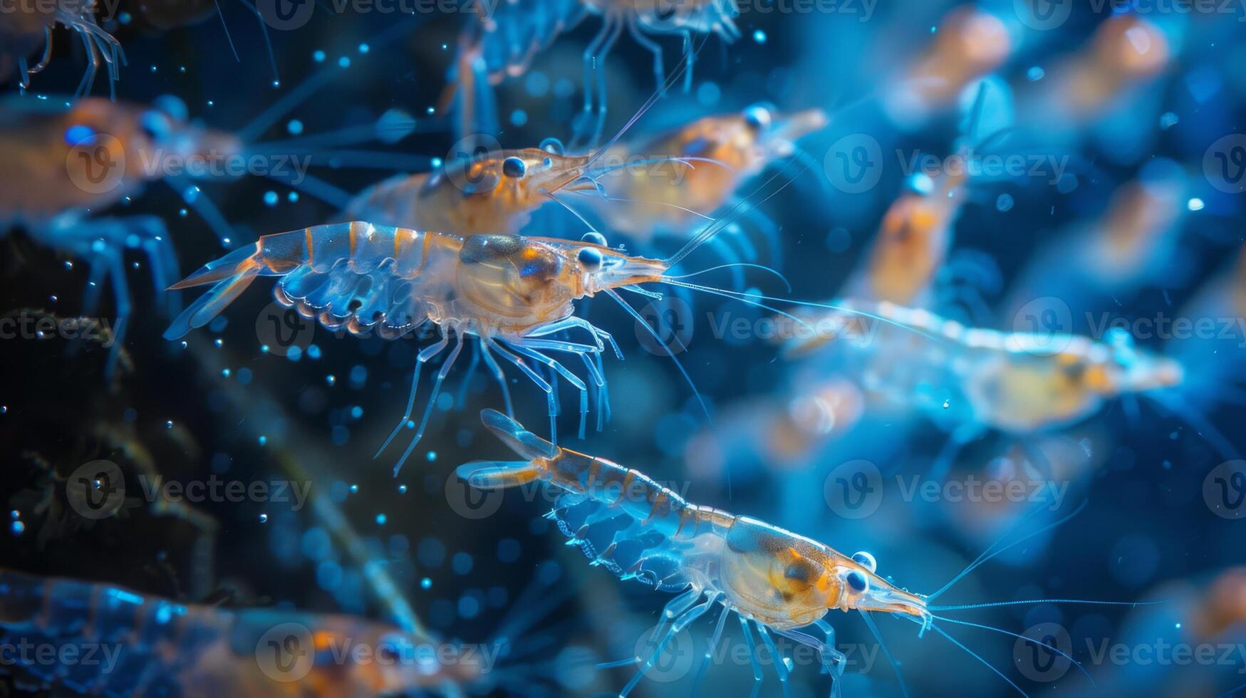 A group of lively shrimp is swimming through a clear blue water environment near a coral reef, showcasing their vibrant colors and intricate details during daylight hours. photo