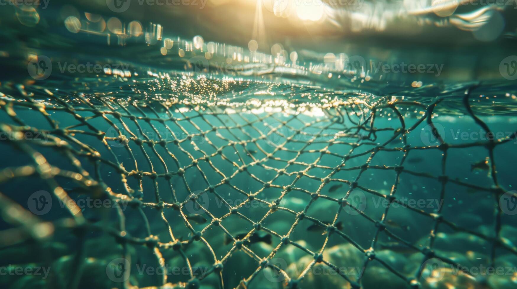 A fishing net drifts beneath the surface of clear water. Sunlight filters through, casting shimmering patterns on the net and surrounding stones, creating a serene atmosphere. photo